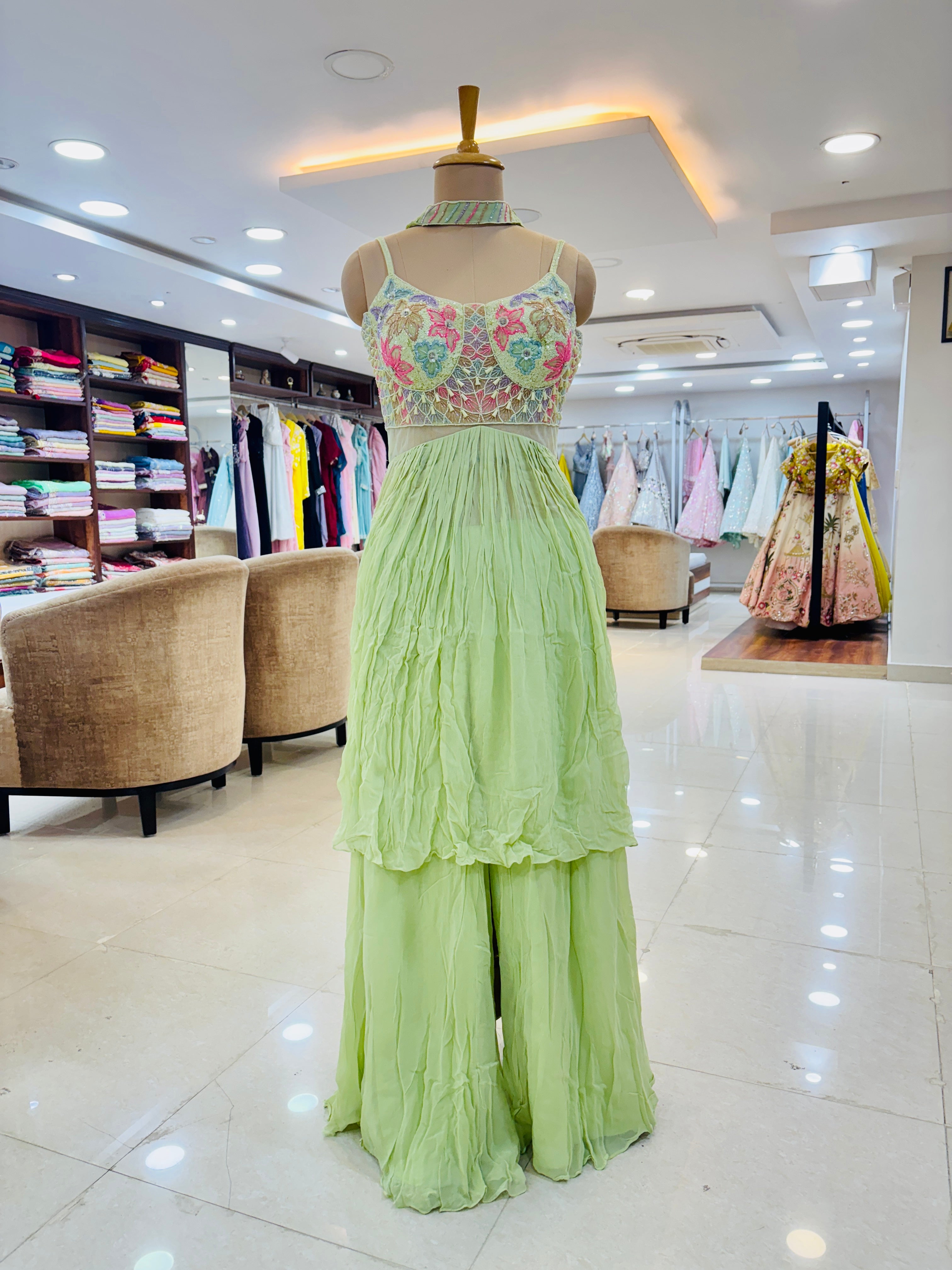 green georgette indo western suit