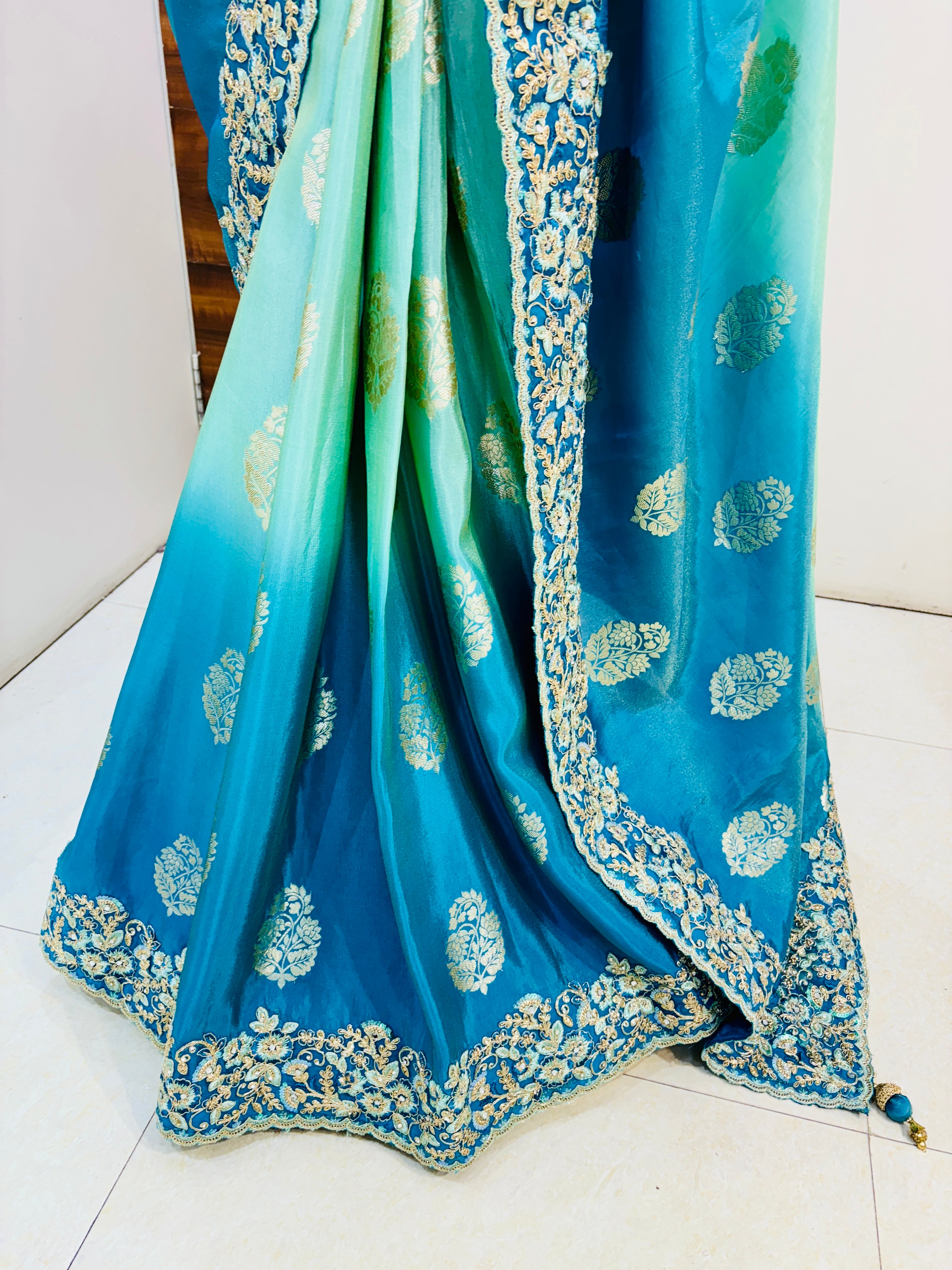 Shaded Blue Banarasi Silk Embroidery Work Saree