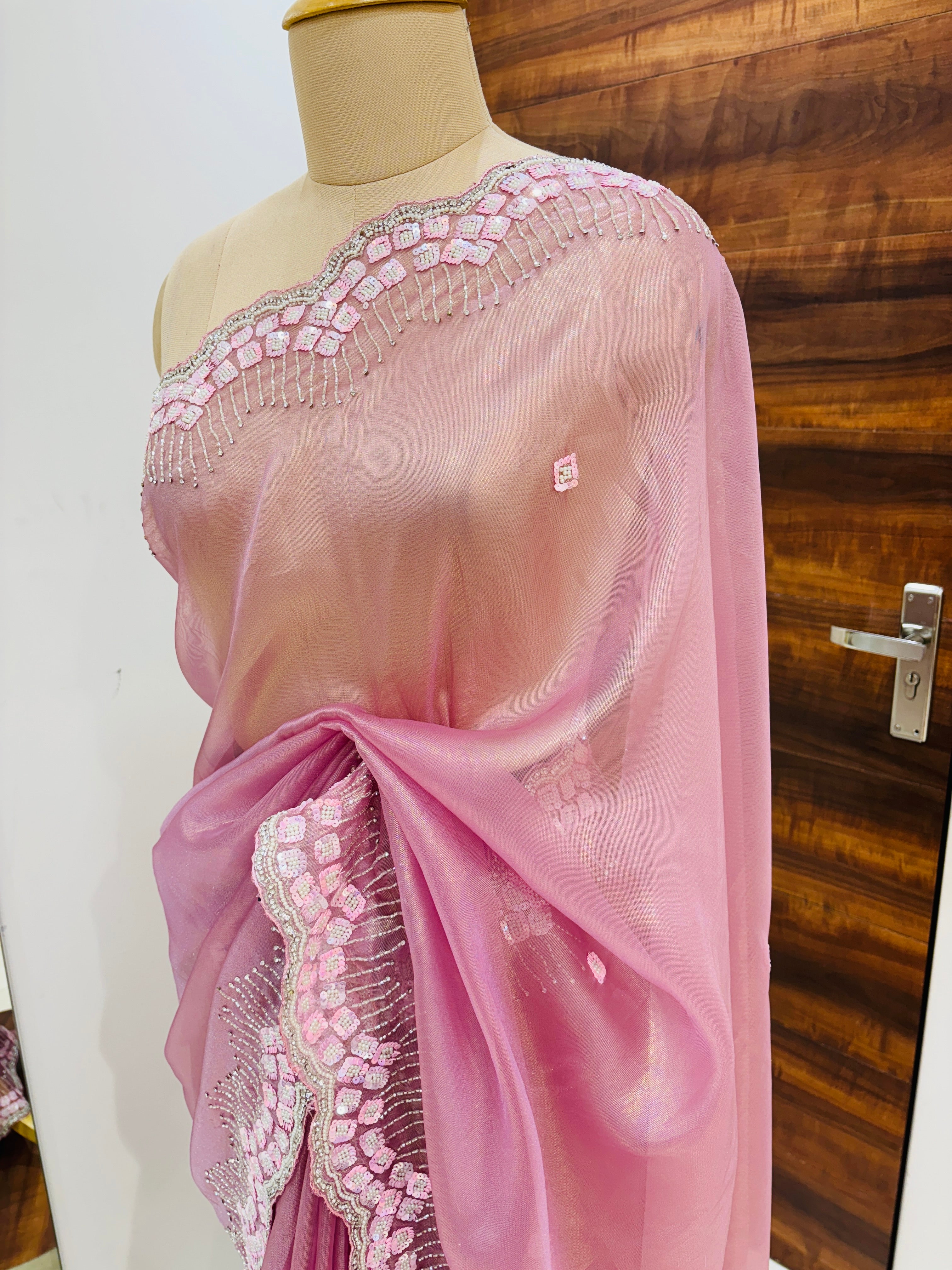 Hot Pink Designer Tissue Hand Work Saree