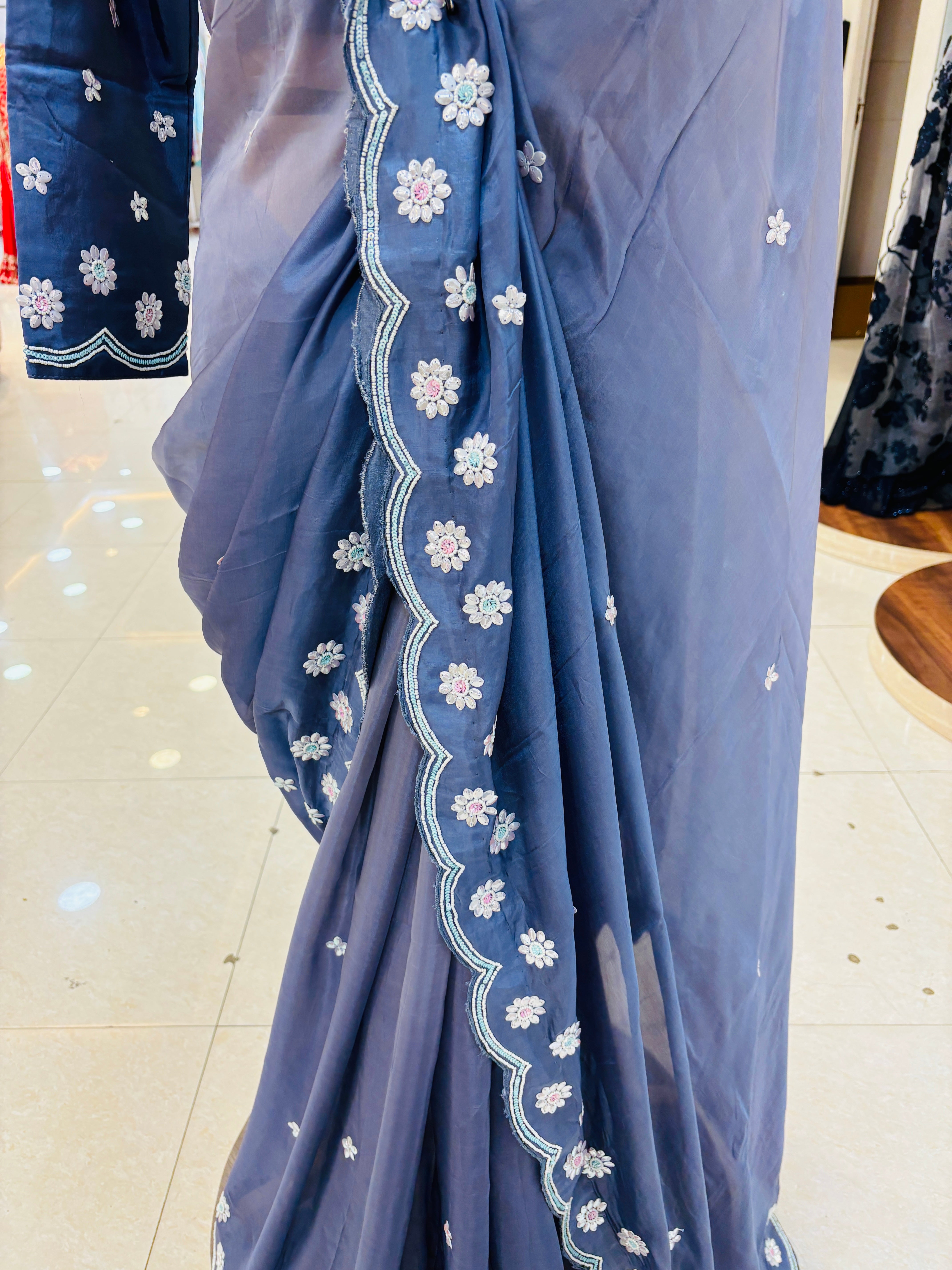 Shaded Grey Silk Saree With Readymade Blouse