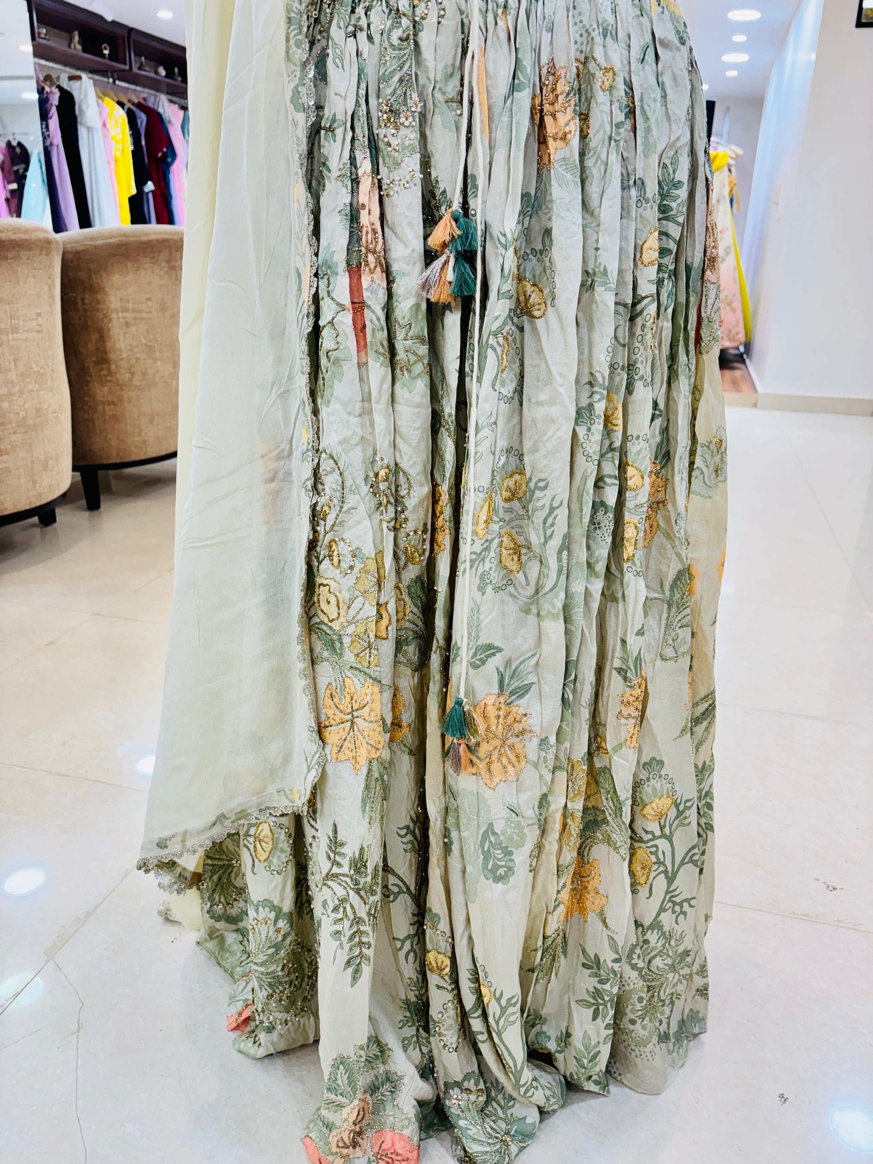 Cream Floral Chinnon Lehenga