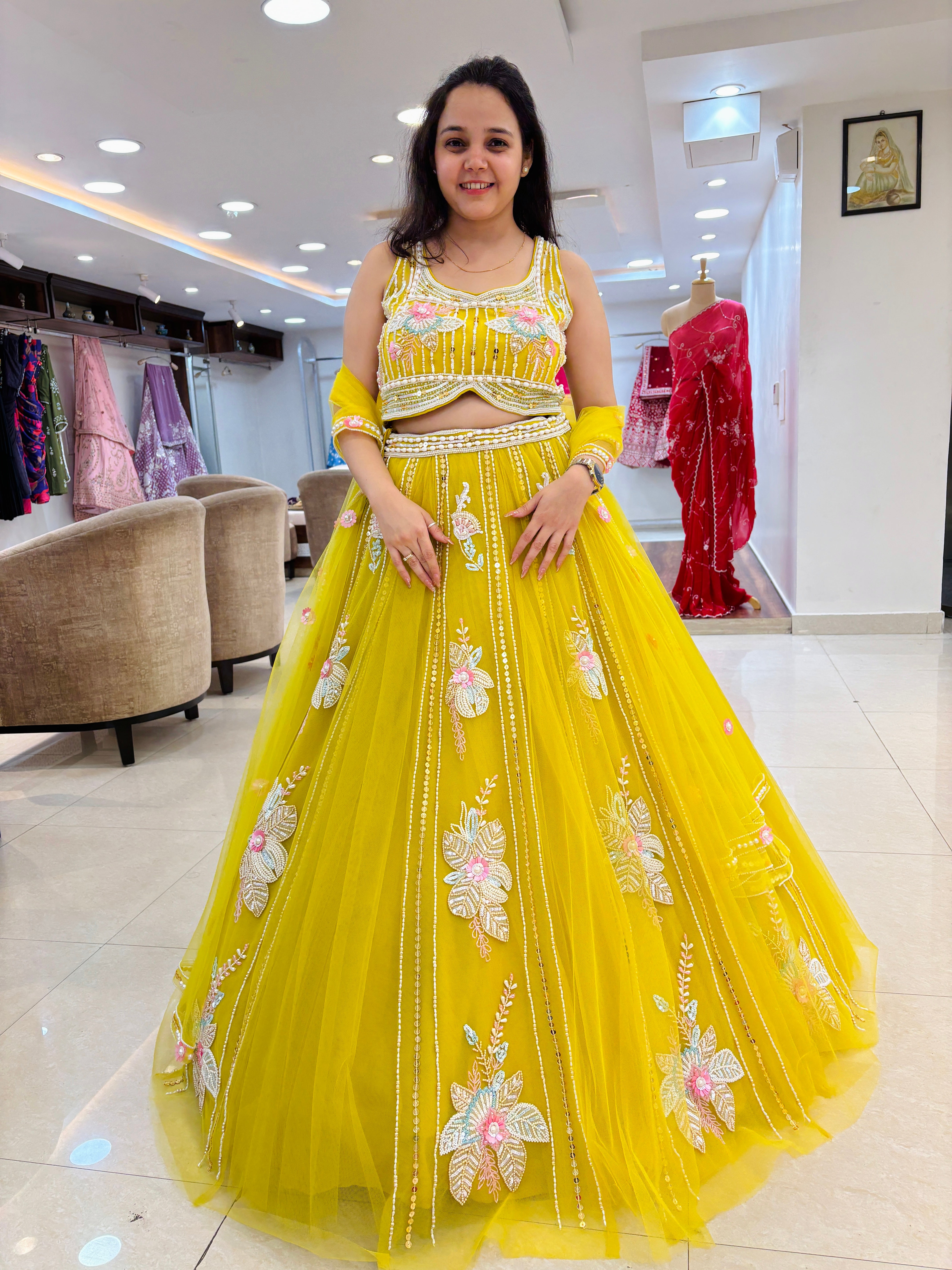 Yellow Organza Festive Designer Lehenga