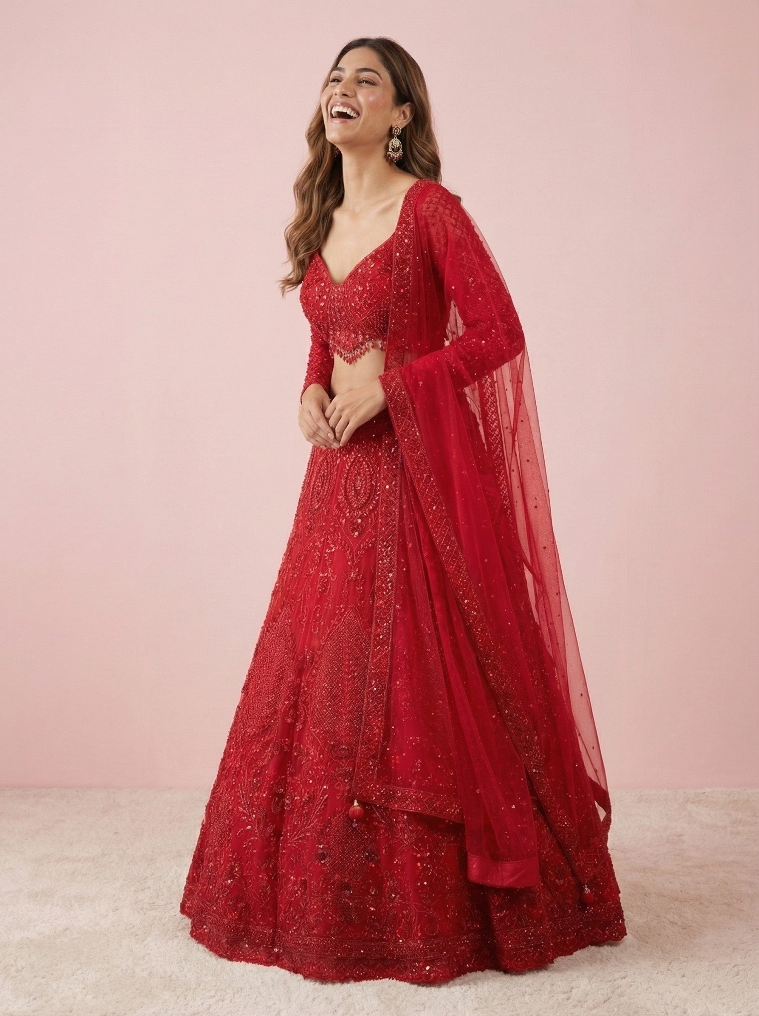 Red Sequinned Engagement Designer Lehenga