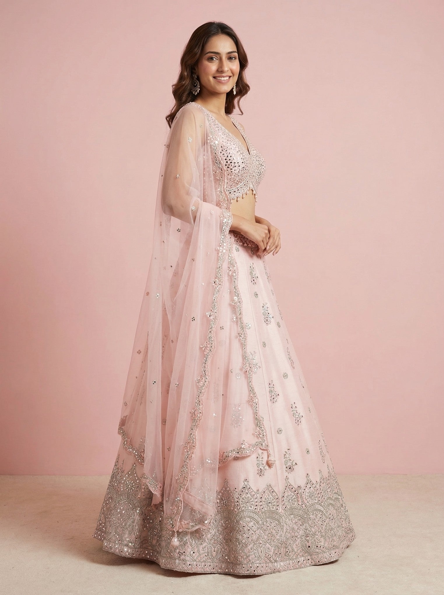 Pink Raw Silk Embroidered Designer Lehenga