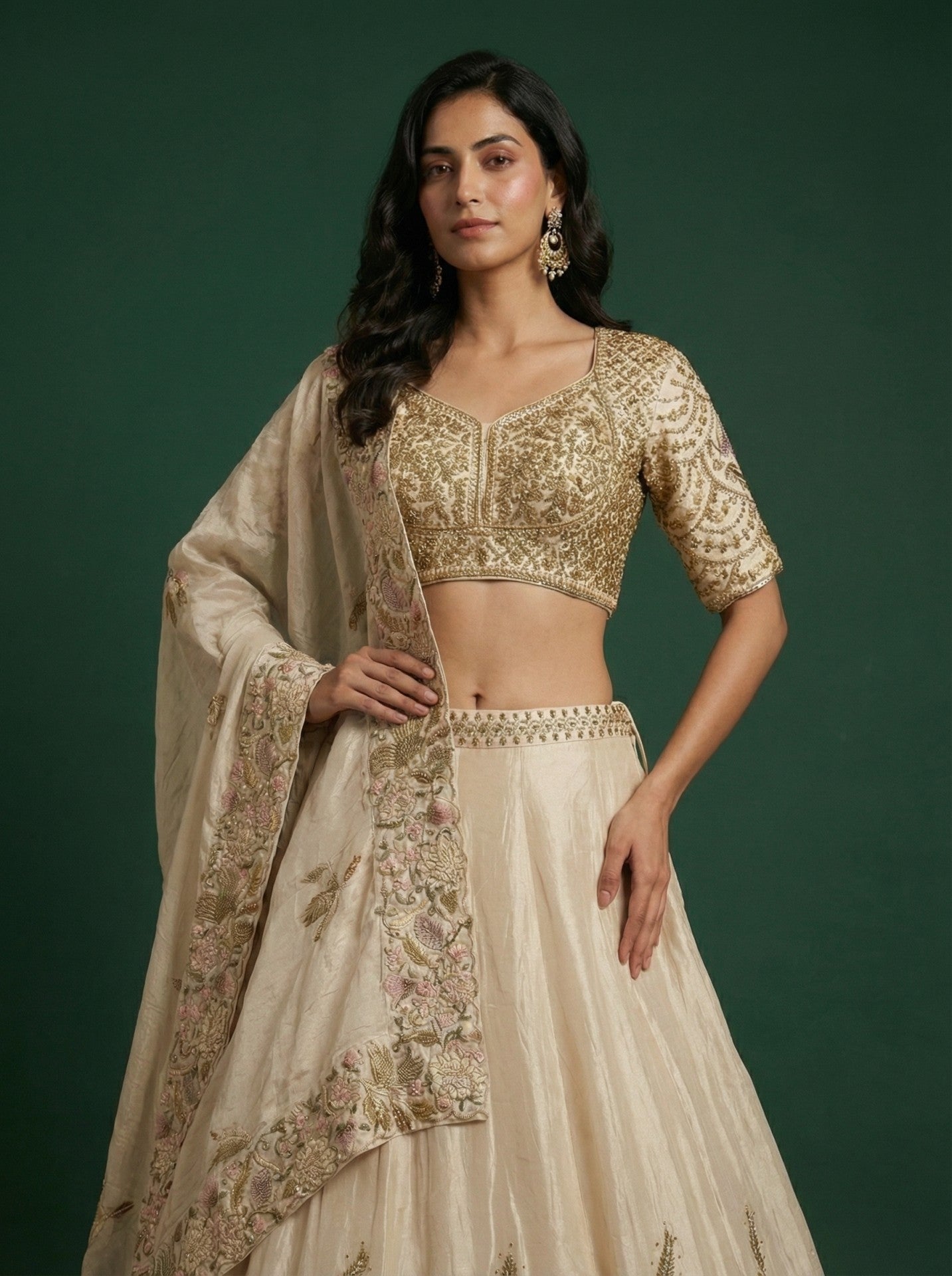 Cream Embroidered Festive Lehenga