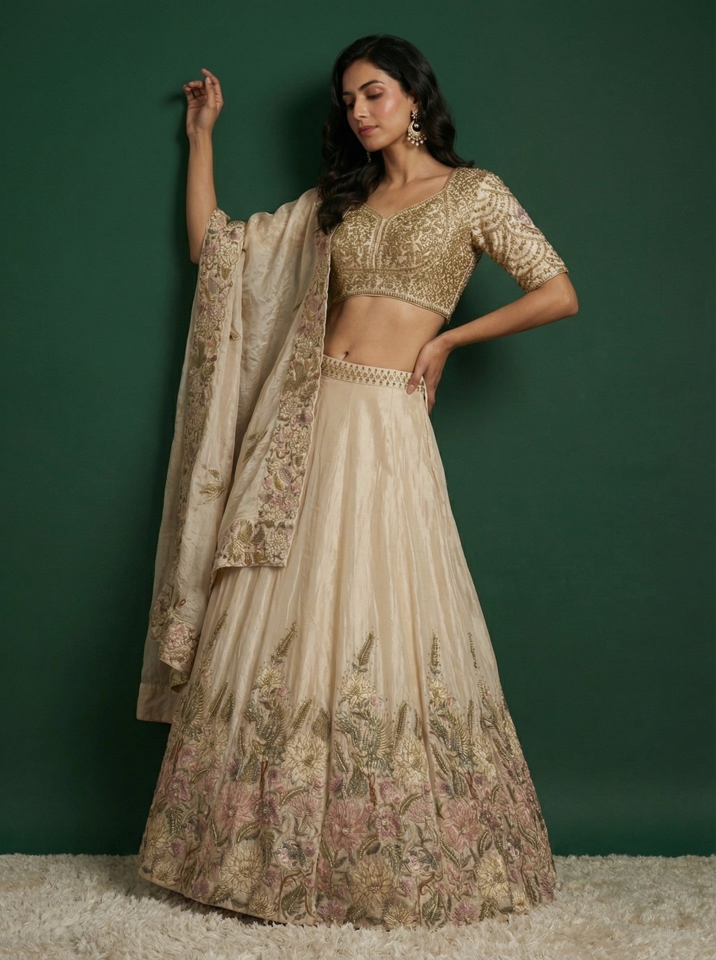 Cream Embroidered Festive Lehenga