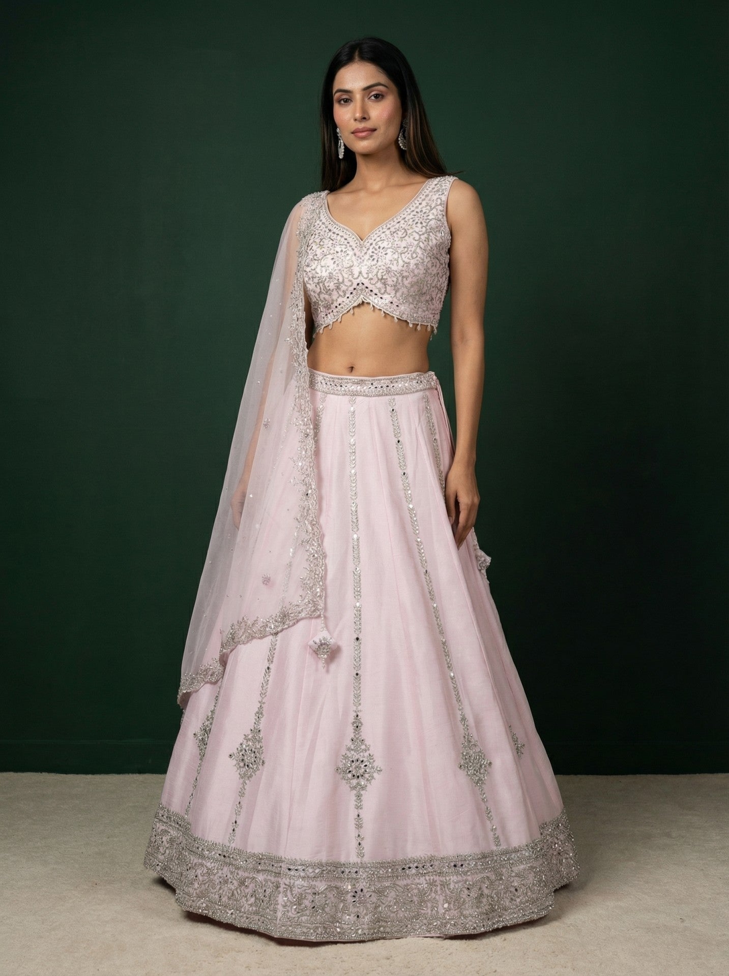 Light Pink Raw Silk Embroidered Lehenga