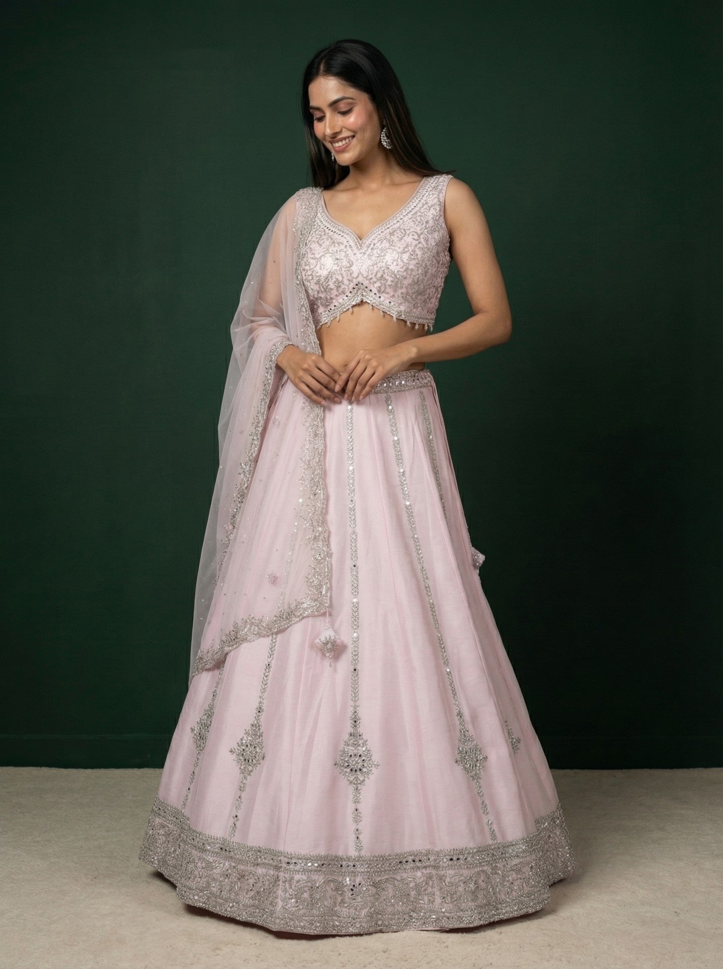 Light Pink Raw Silk Embroidered Lehenga