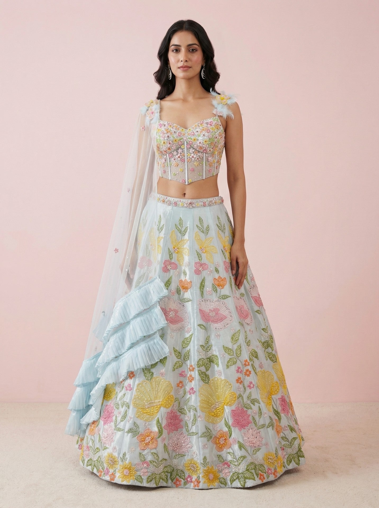 Sky Blue Tissue 3D Embroidered Lehenga