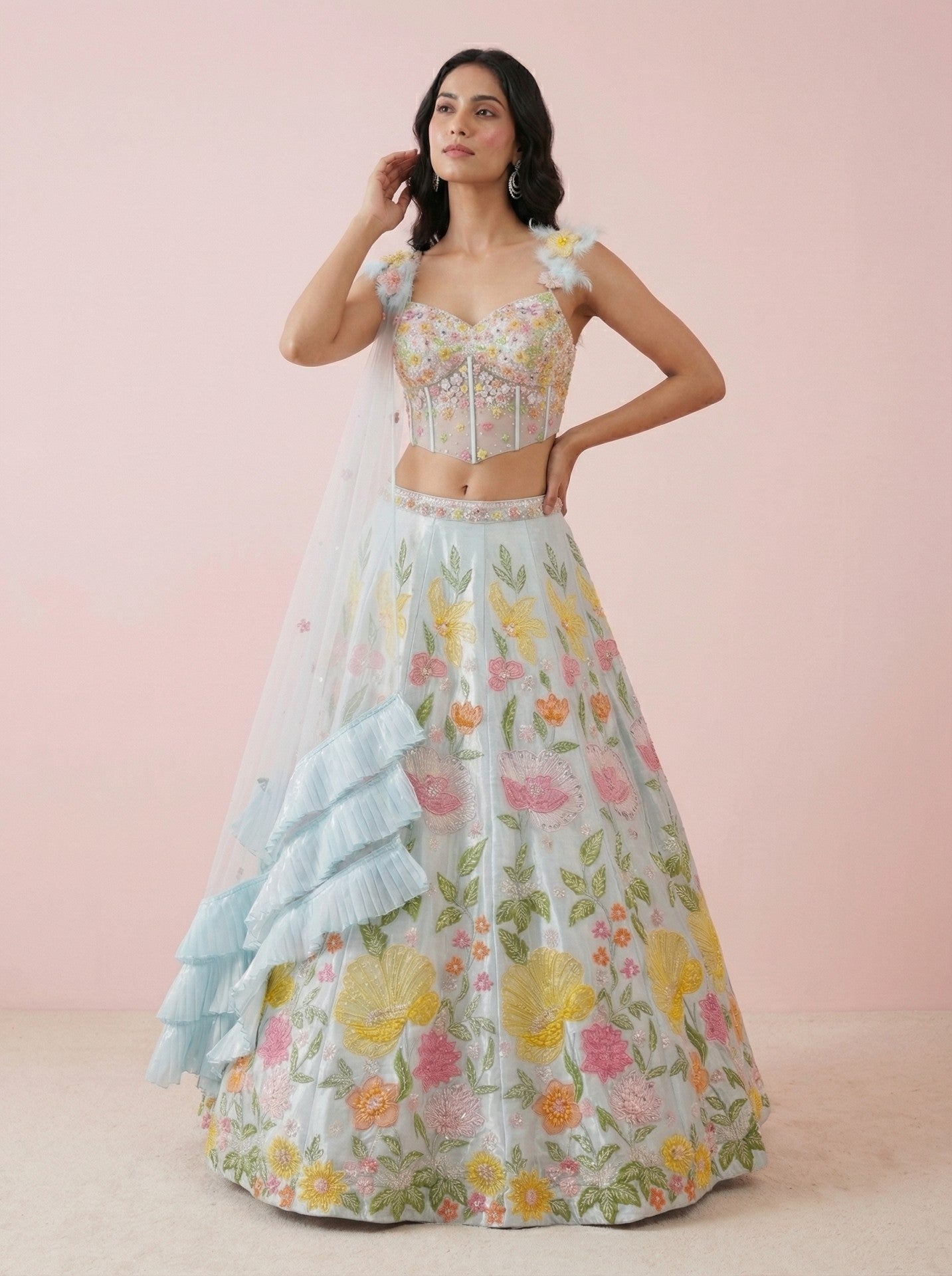Sky Blue Tissue 3D Embroidered Lehenga