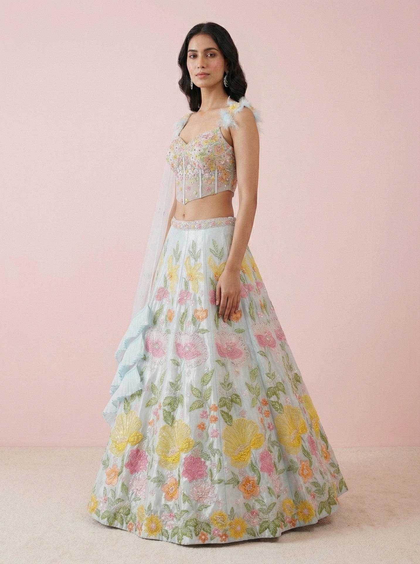 Sky Blue Tissue 3D Embroidered Lehenga