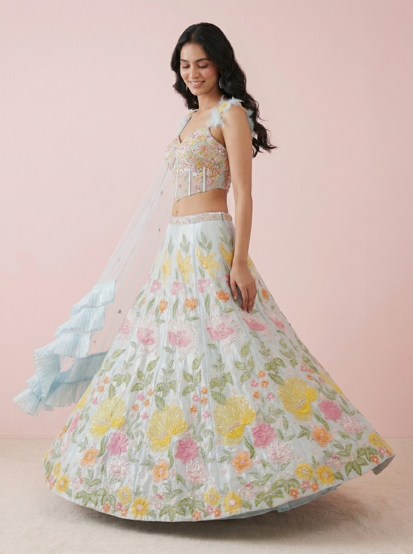 Sky Blue Tissue 3D Embroidered Lehenga