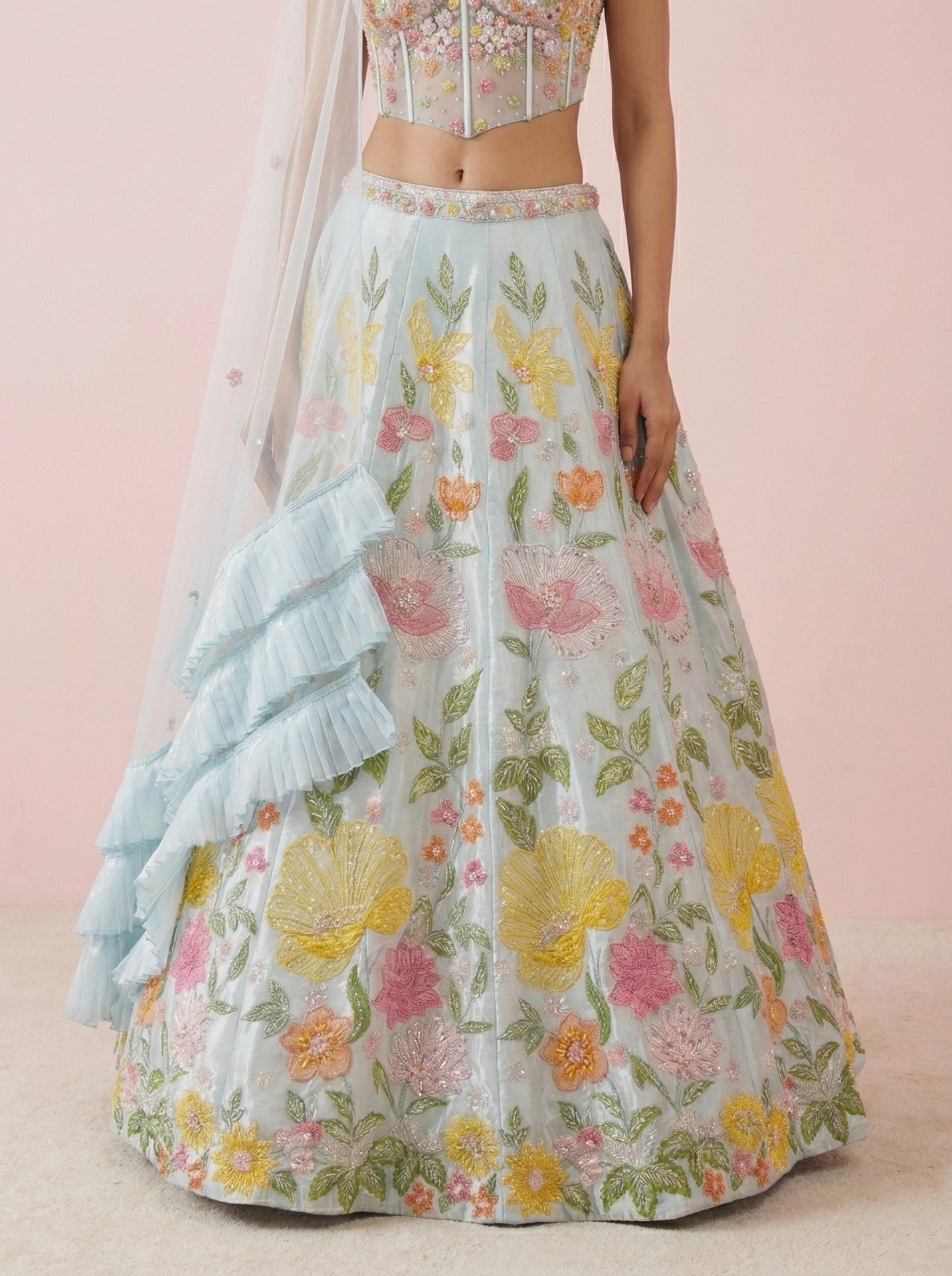 Sky Blue Tissue 3D Embroidered Lehenga