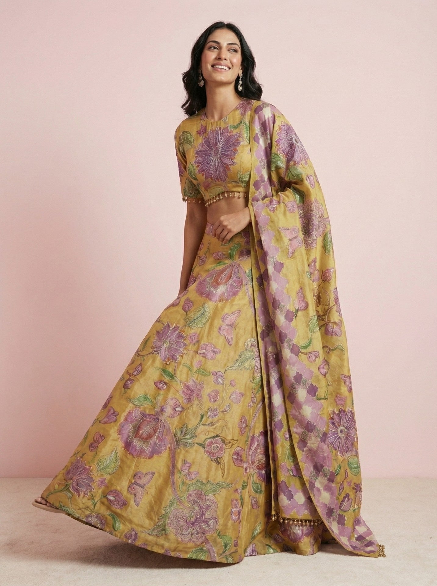 Mustard Digital Printed Organza Designer Lehenga