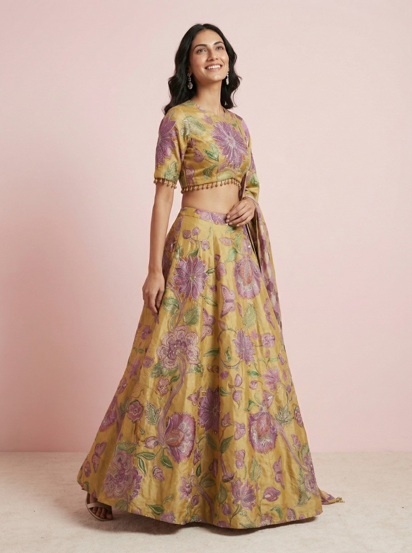 Mustard Digital Printed Organza Designer Lehenga