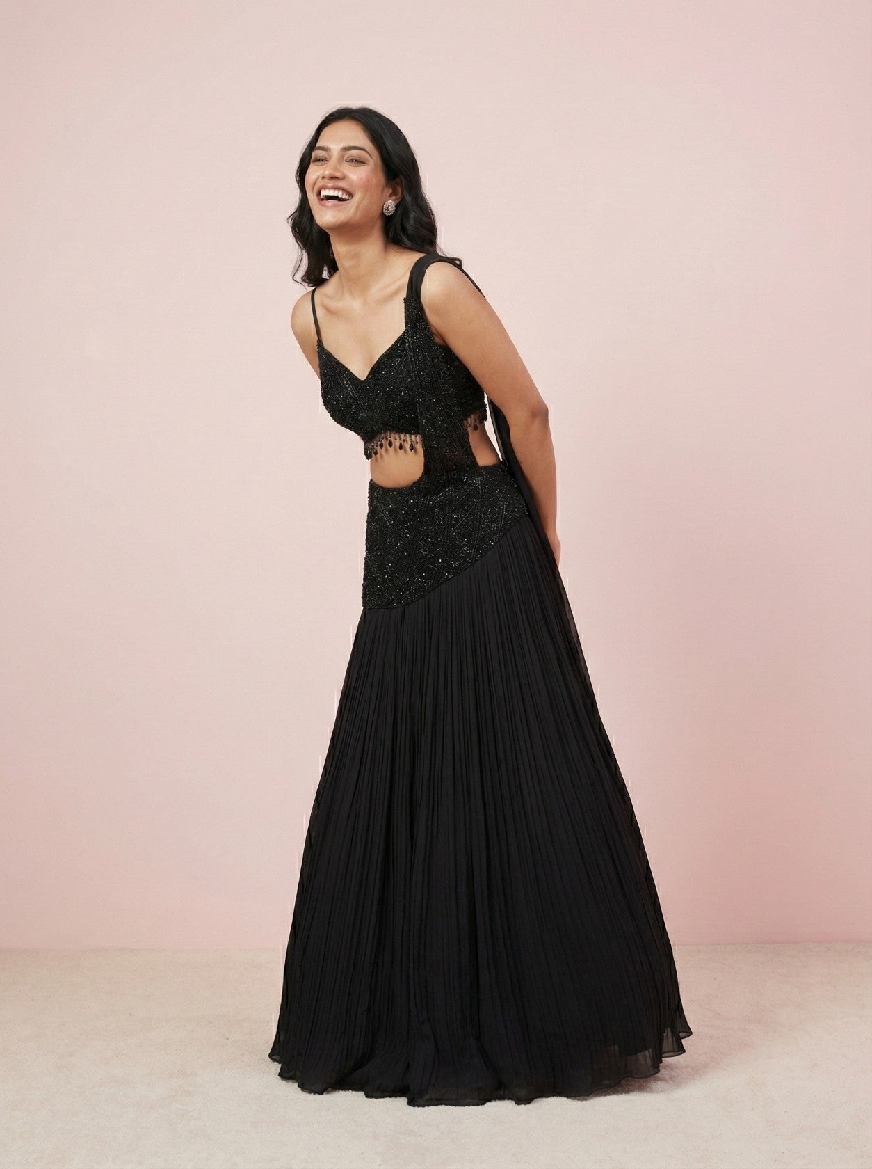 Black Chinnon Drape Style Embroidered Lehenga