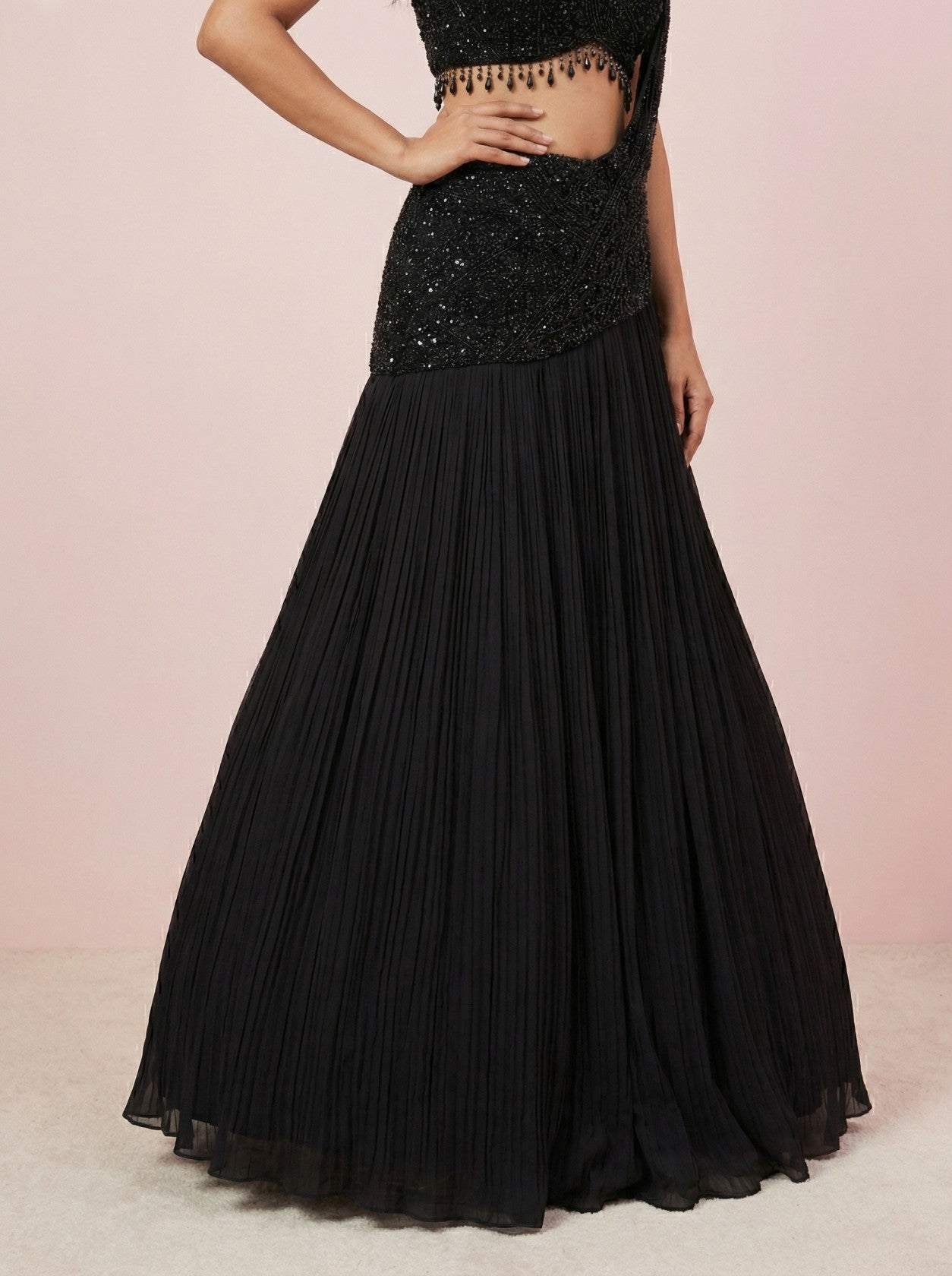 Black Chinnon Drape Style Embroidered Lehenga