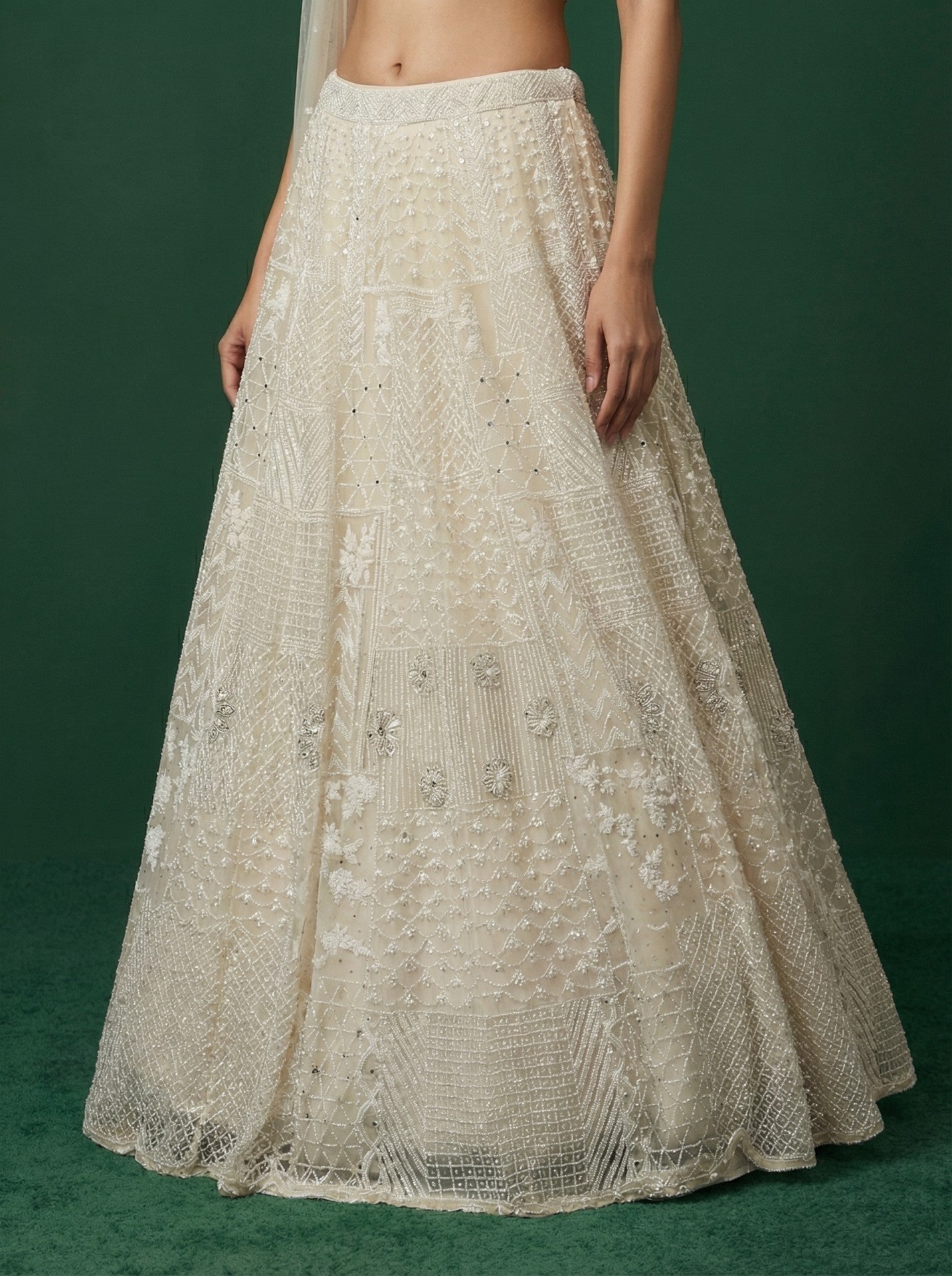 White Net Sequinned Off Shoulder Lehenga
