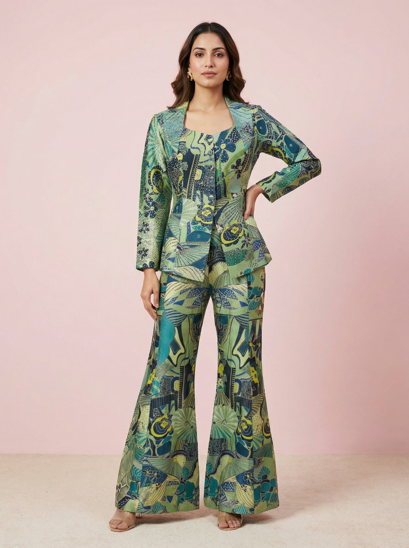 Full view of green embellished co-ord set jacket and palazzo pants