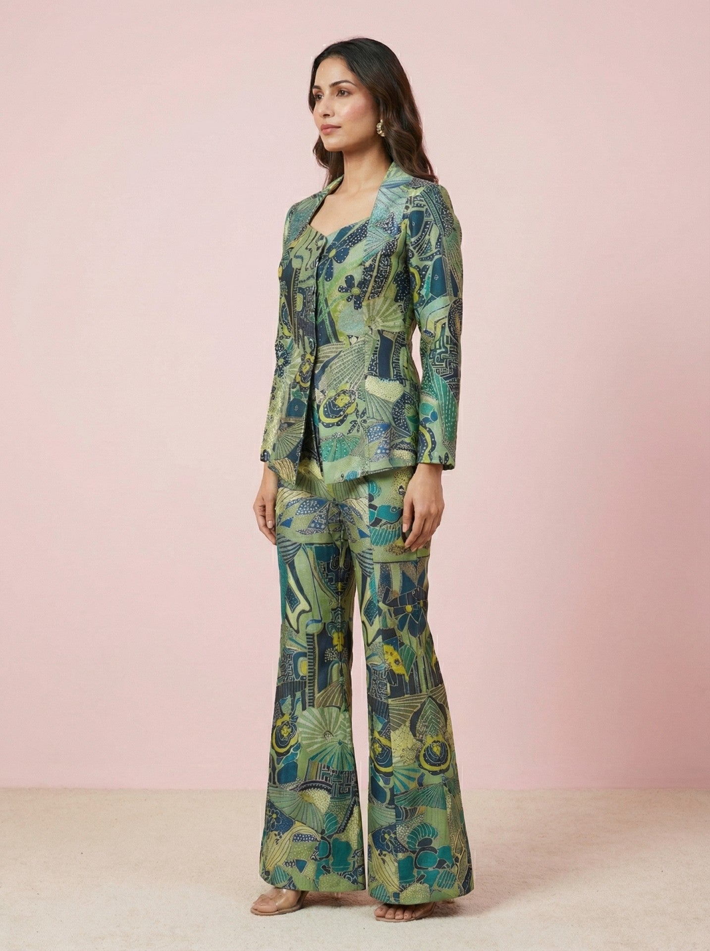 Full side view of green embellished co-ord set jacket and palazzo pants