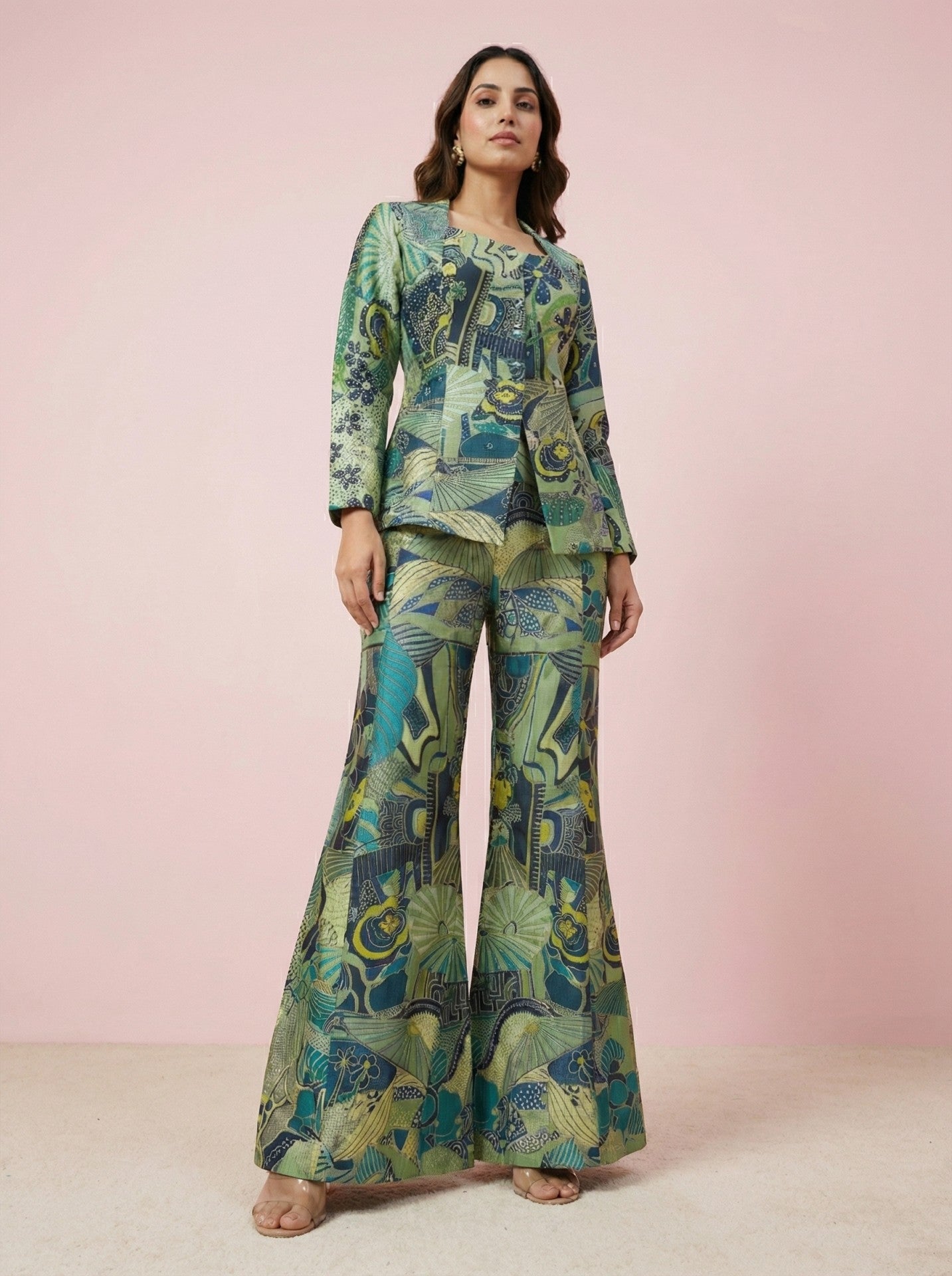 Bottom to top view of green embellished co-ord set jacket and palazzo pants