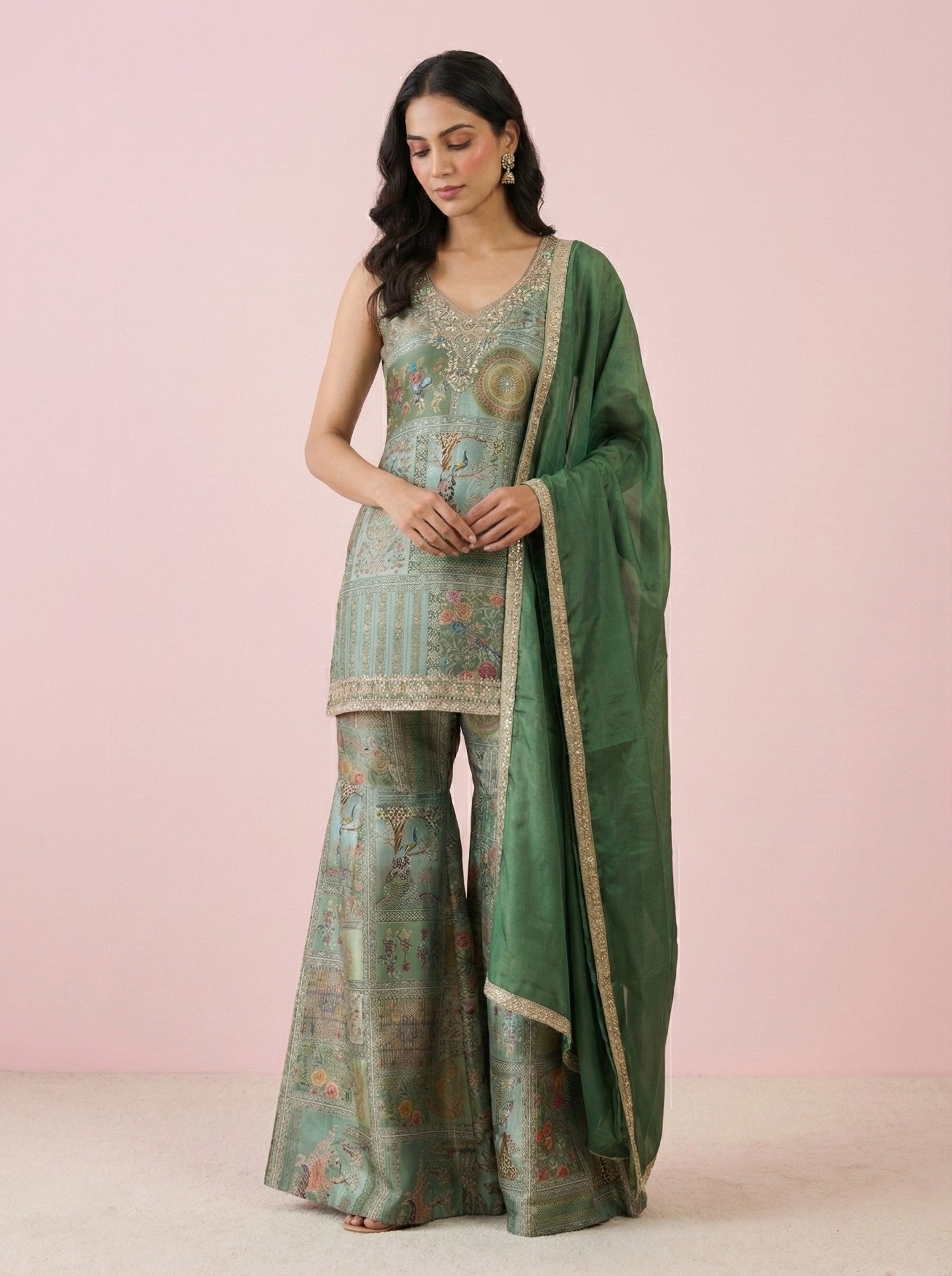 Green Digital Print Silk Sharara Suit