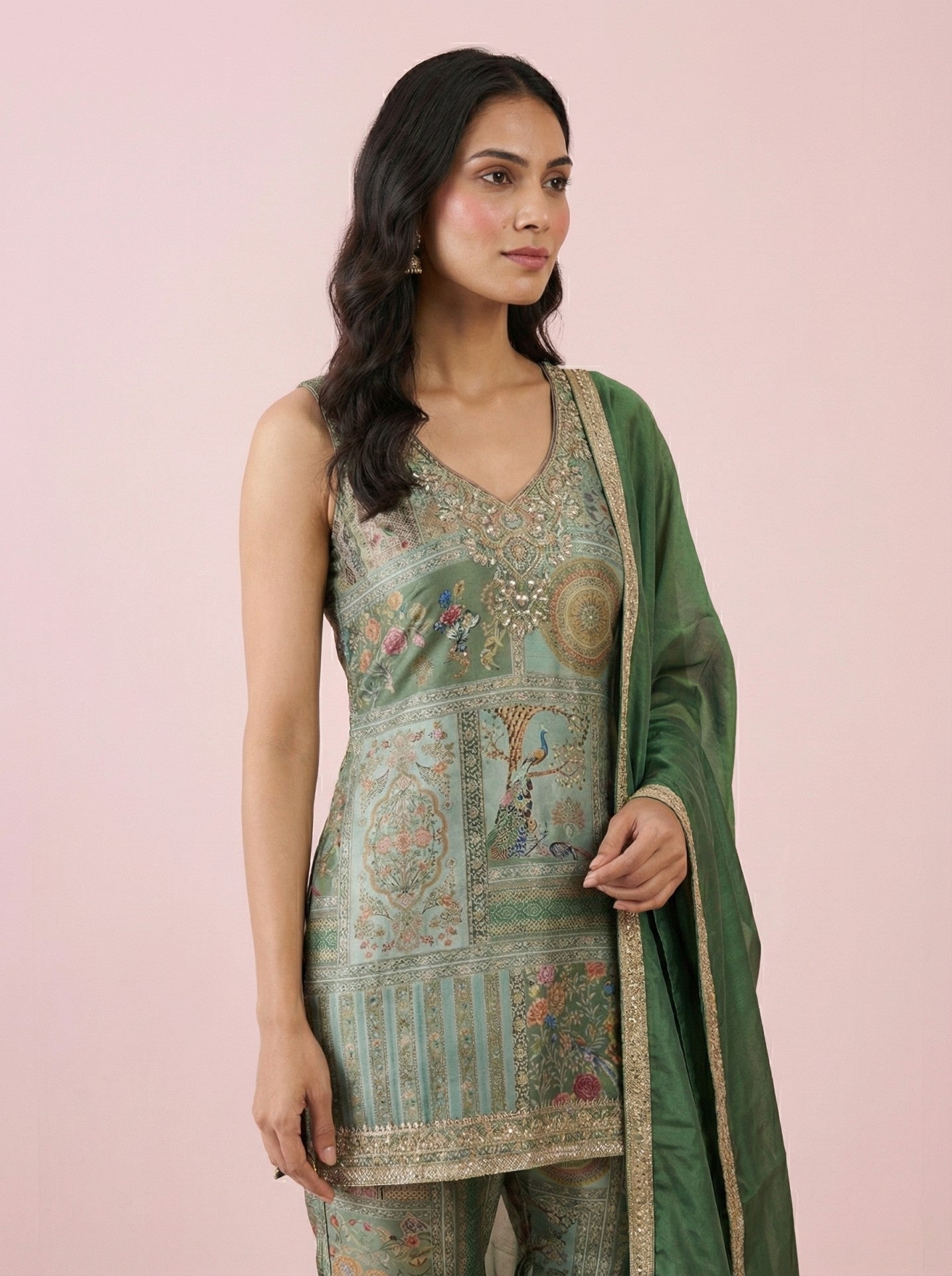 Green Digital Print Silk Sharara Suit