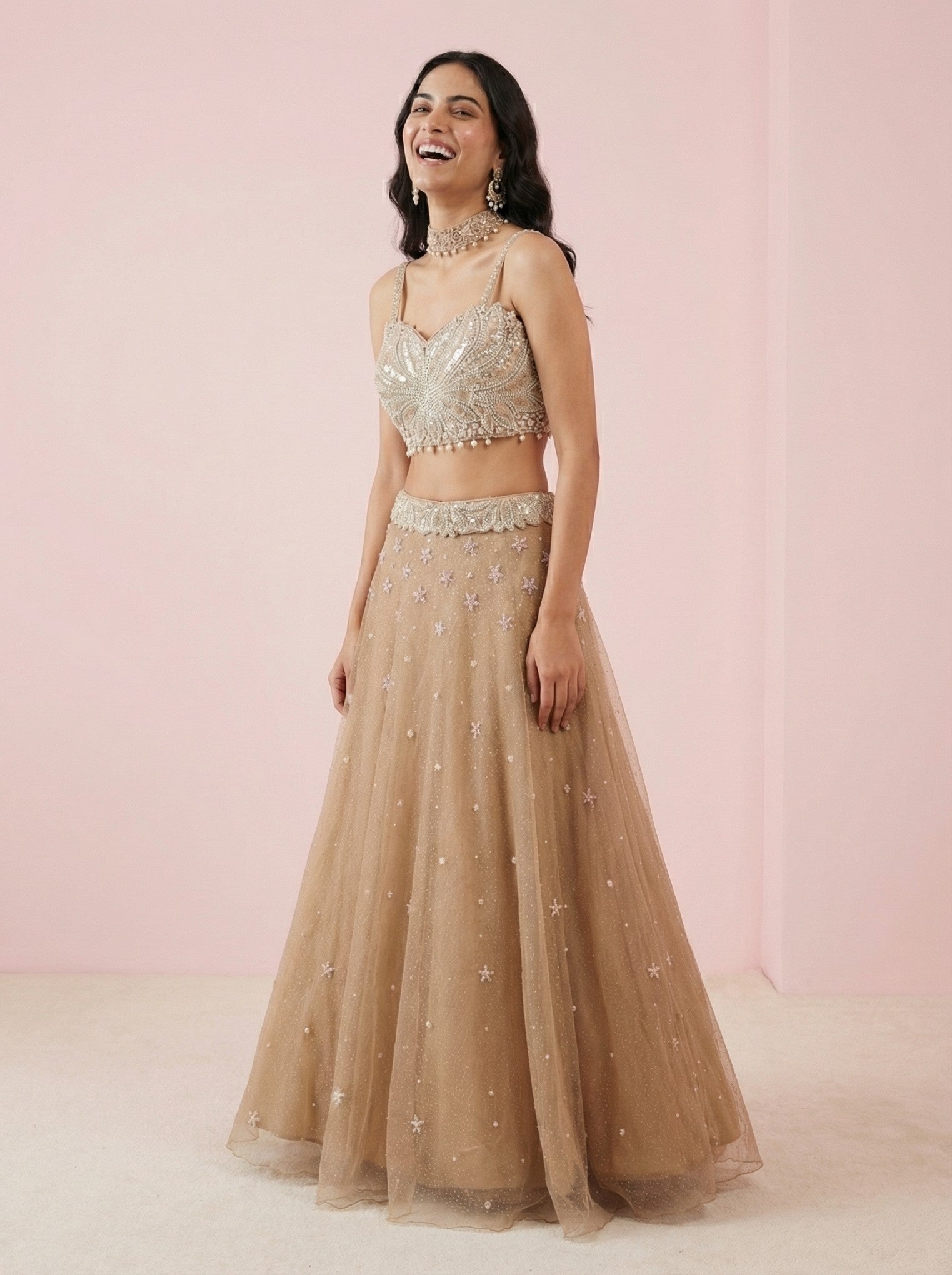 Brown Net Designer Crop Top Lehenga