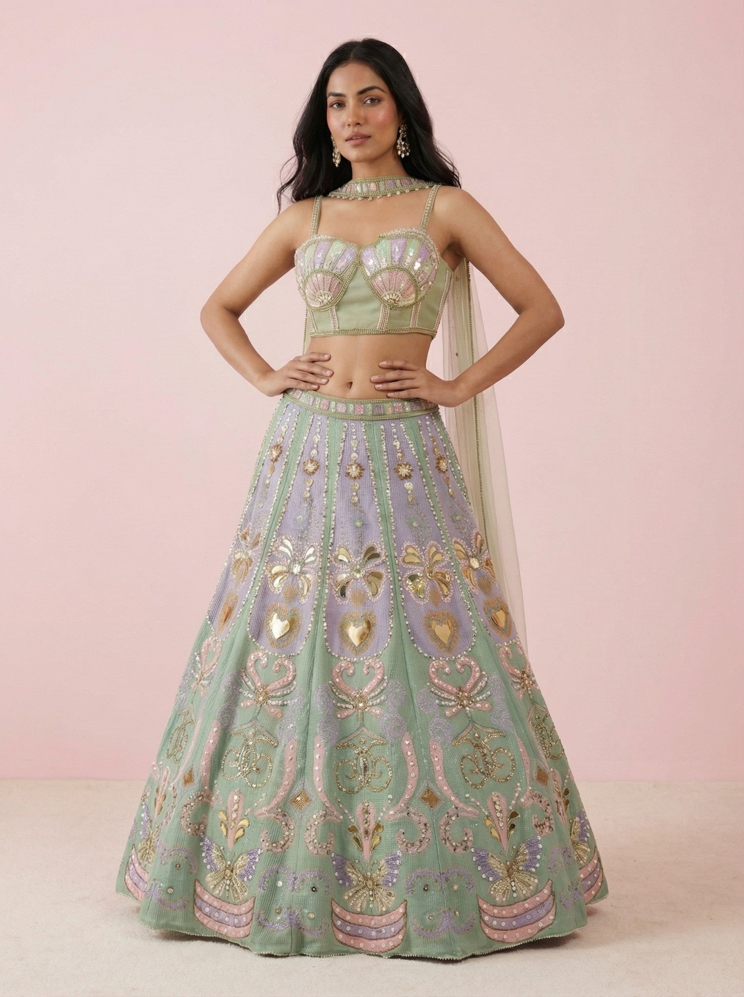 Multicolor Net Crop Top Lehenga