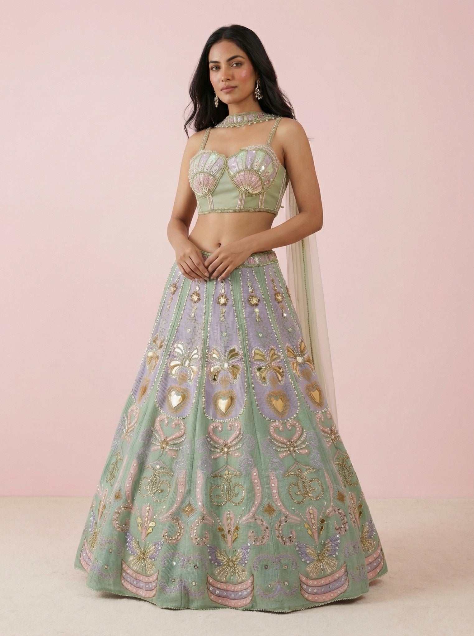 Multicolor Net Crop Top Lehenga