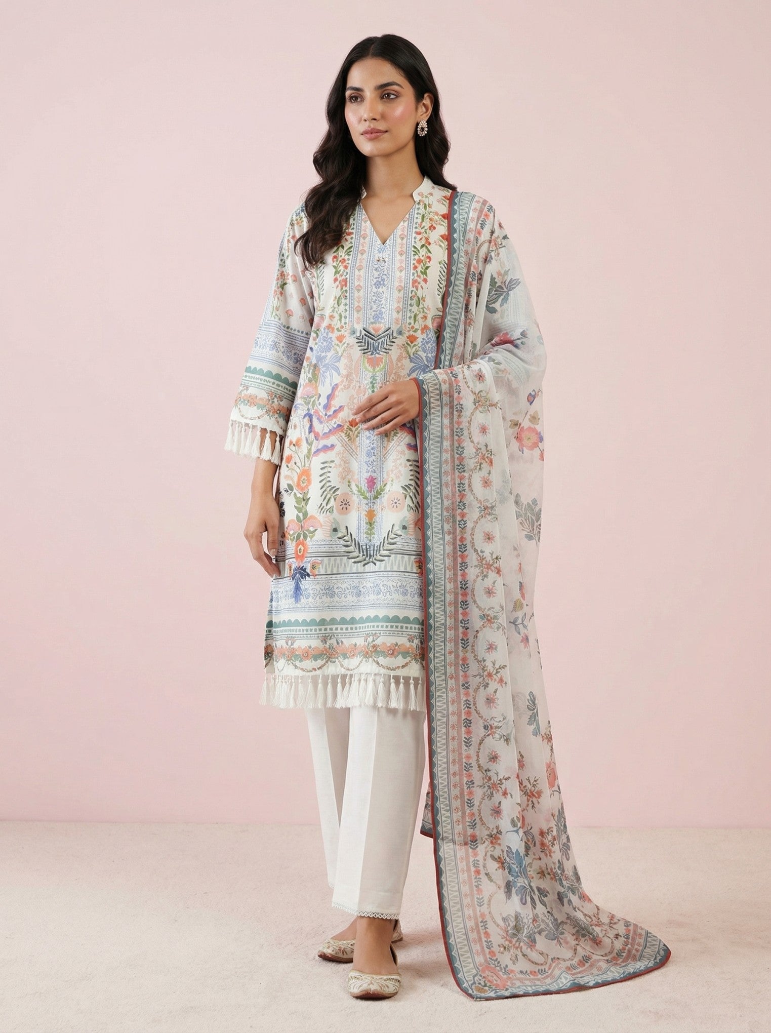 White Printed Cotton Suit Set With Dupatta