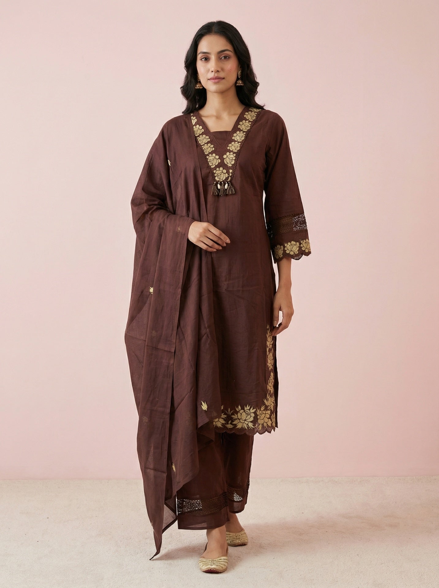 Brown Cotton Festive Suit Set With Dupatta