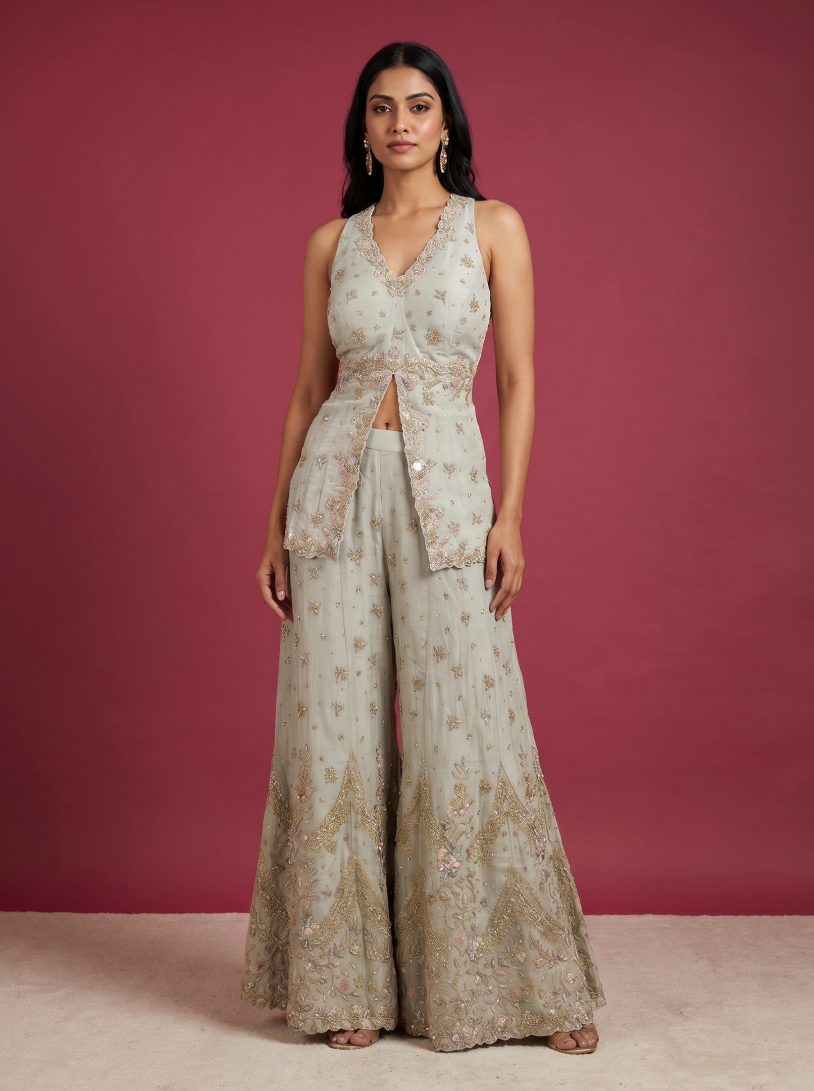 Grey Embroidered Top With Palazzo Set