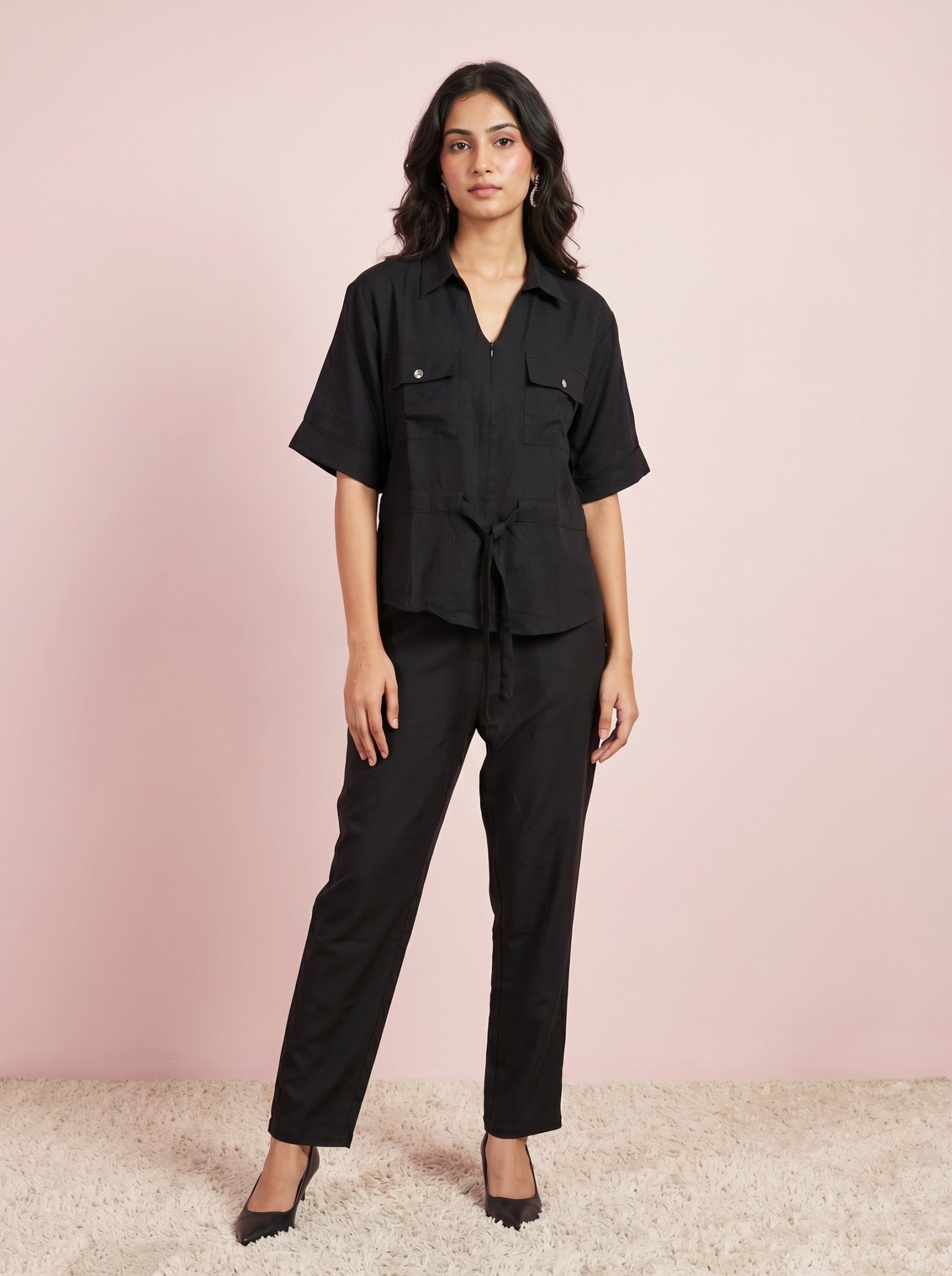 Black Cotton Shirt Co-Ord Set