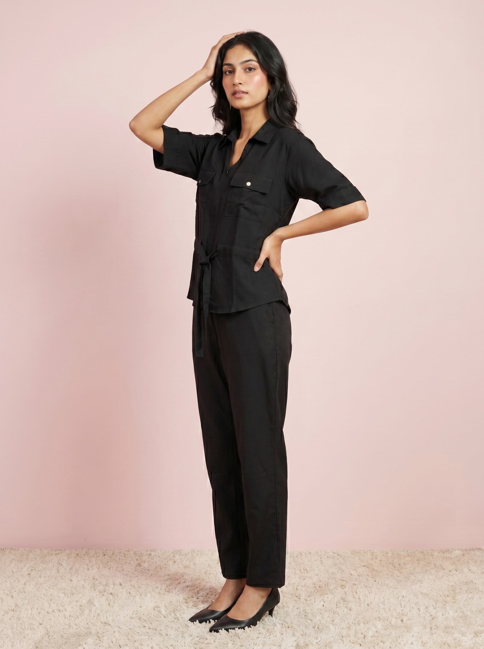 Black Cotton Shirt Co-Ord Set