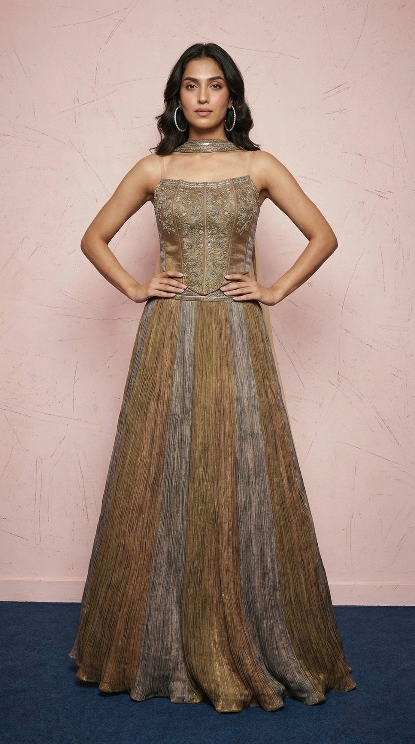 Light Brown Chinnon Silk Corset Lehenga
