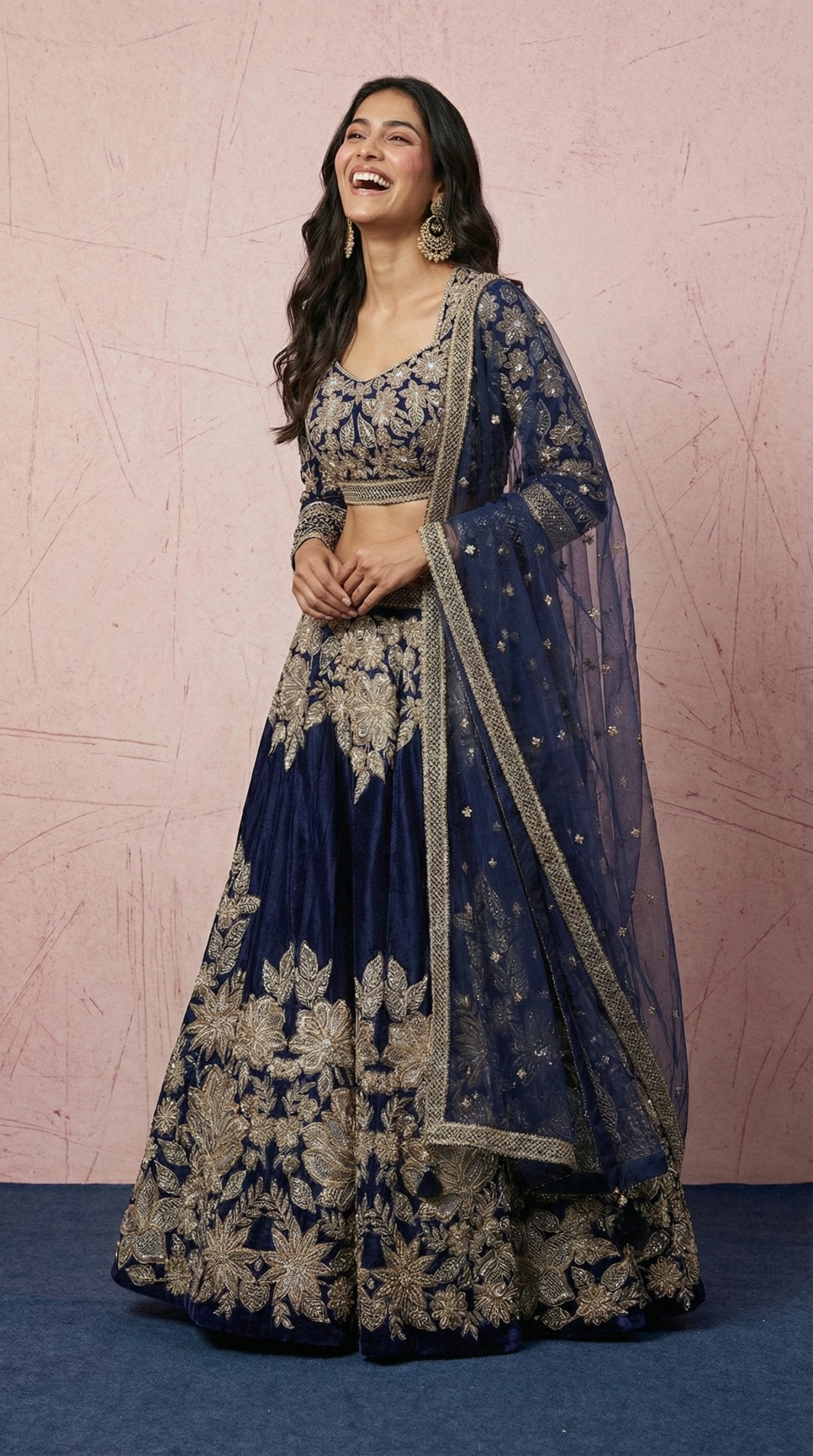 Navy Blue Embroidered Festive Lehenga