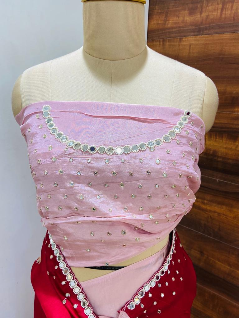 Red & Pink Silk Hand Work Saree