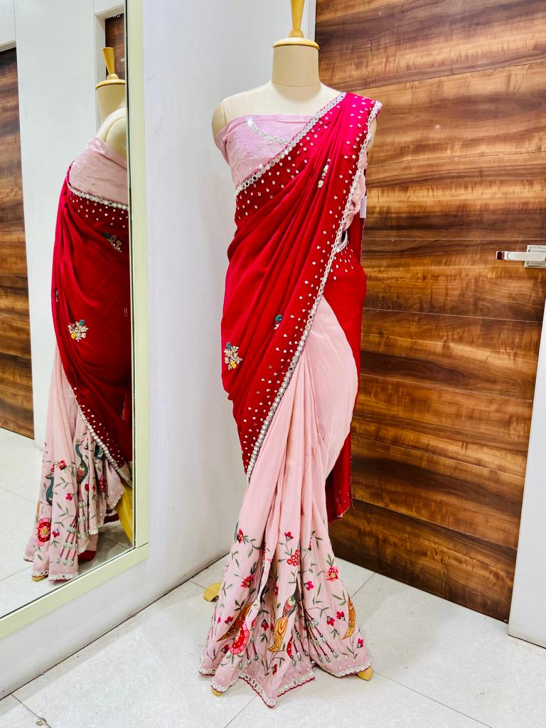 Red & Pink Silk Hand Work Saree