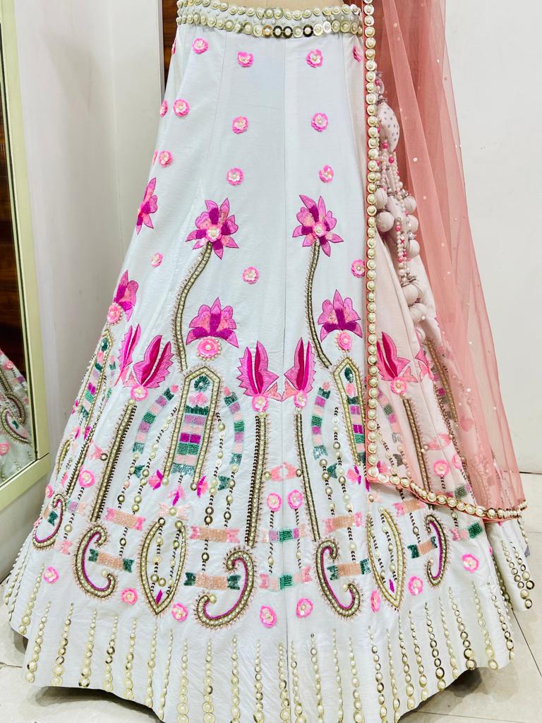 White & Pink Floral Embroidery Lehenga Set with Coral Pink Net Dupatta