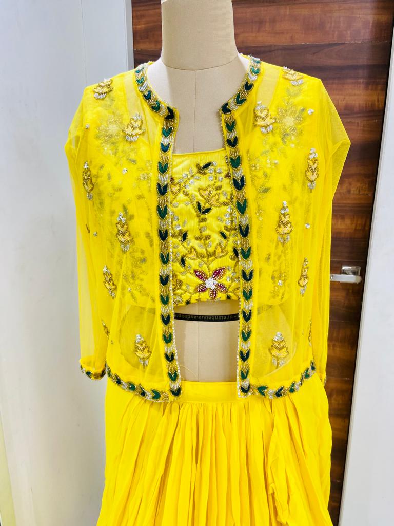 Yellow Georgette Lehenga With Crop Top & Shrug