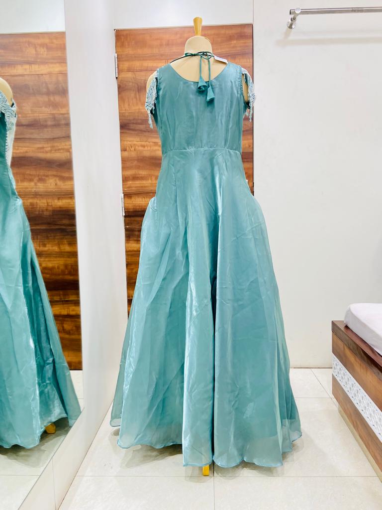 Sea Green Satin Organza Designer Gown