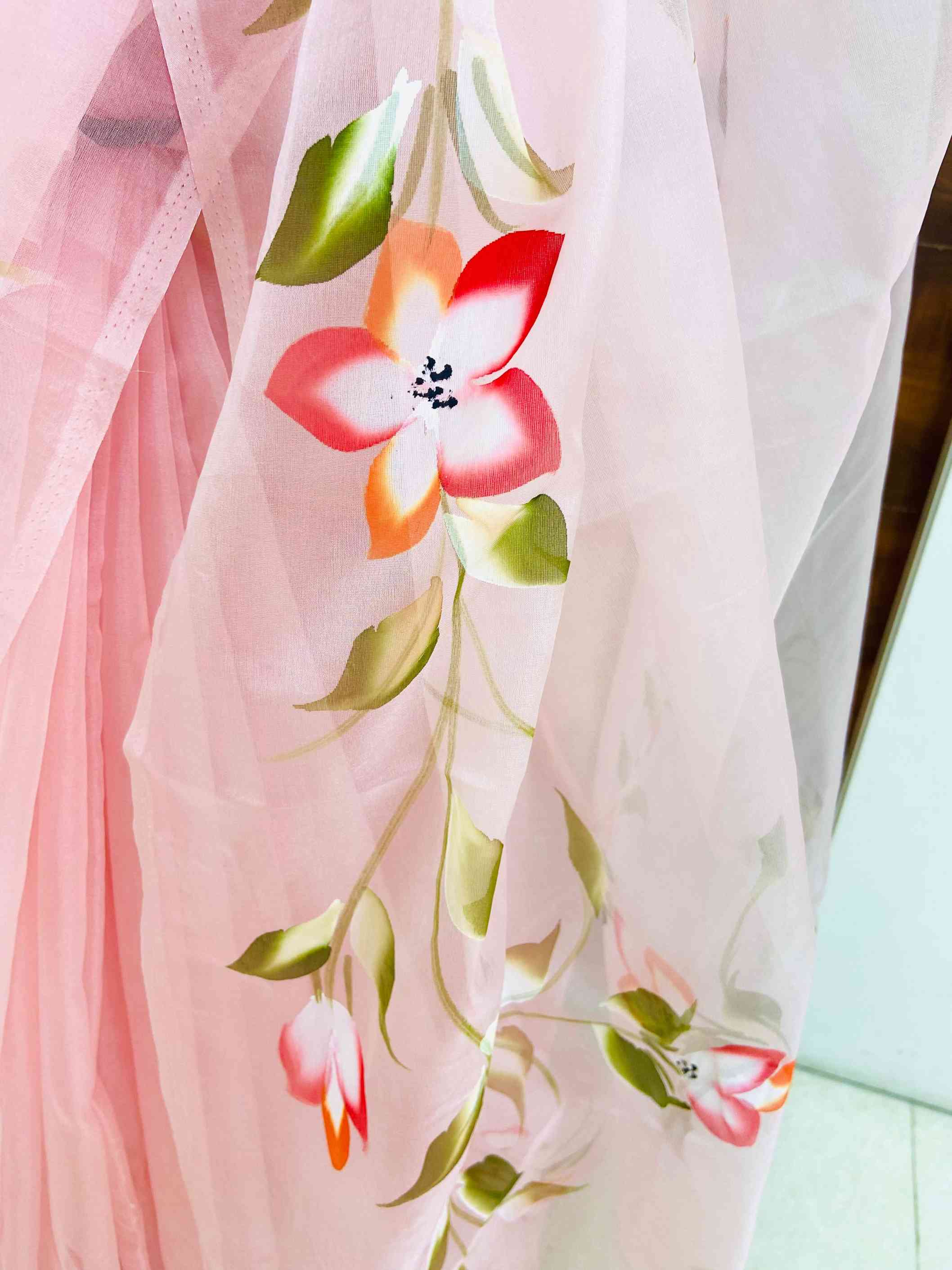 Pink Floral Print Hand Painted Saree