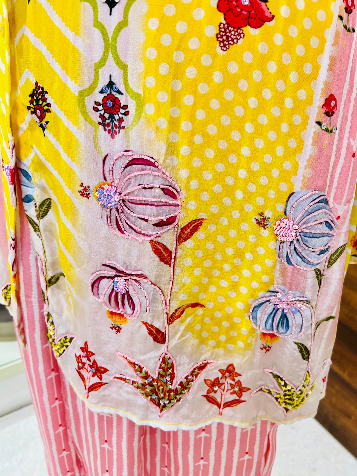 Yellow & Pink Chinnon Digital Print Co-Ord Set