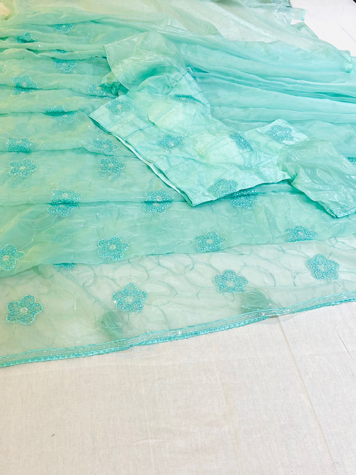 Blue Embroidered Saree With Readymade Blouse