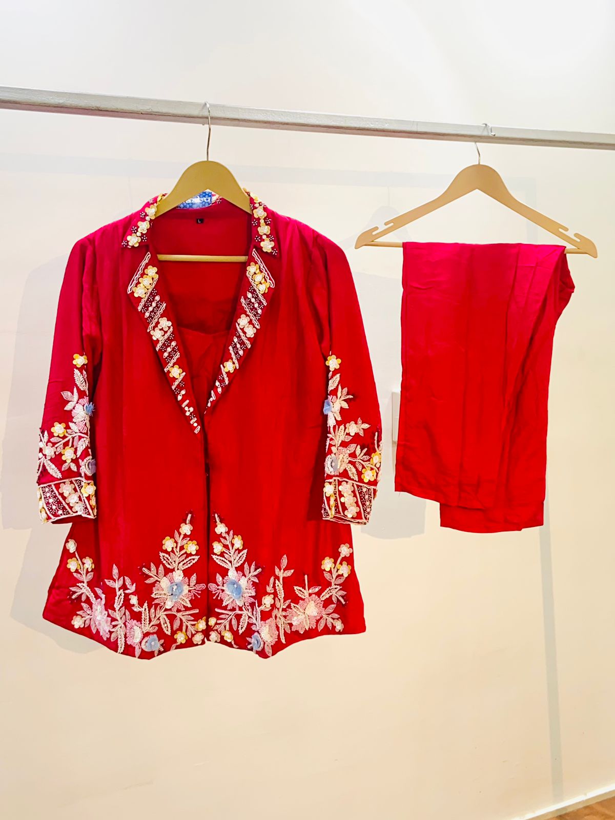 Bright Red Velvet Co-Ord Set With Jacket