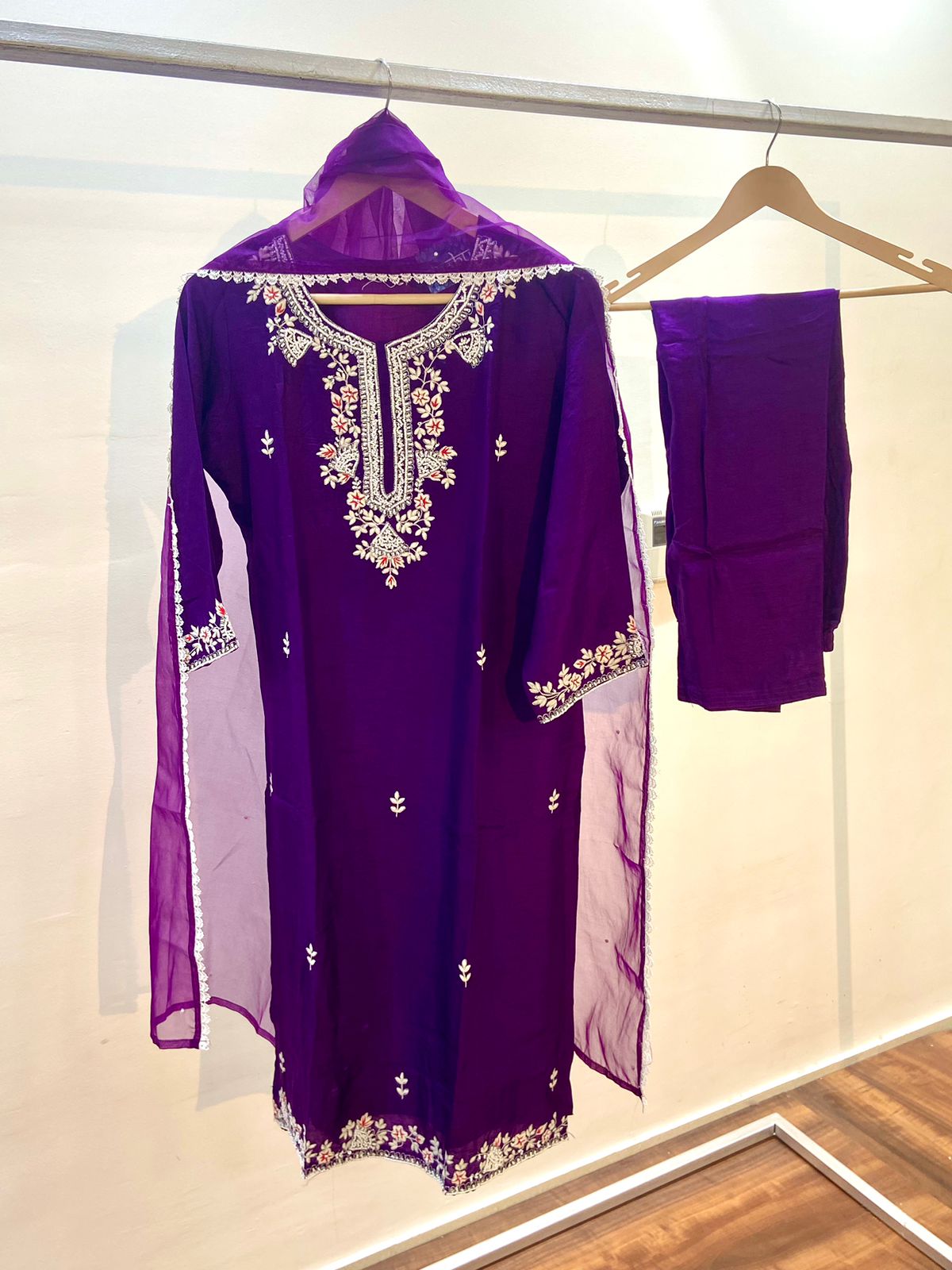 Purple Raw Silk Hand Work Suit Set