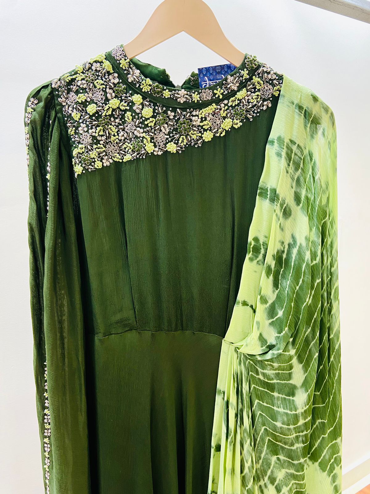 Green Hand Embroidered Crystal Georgette Flared Gown