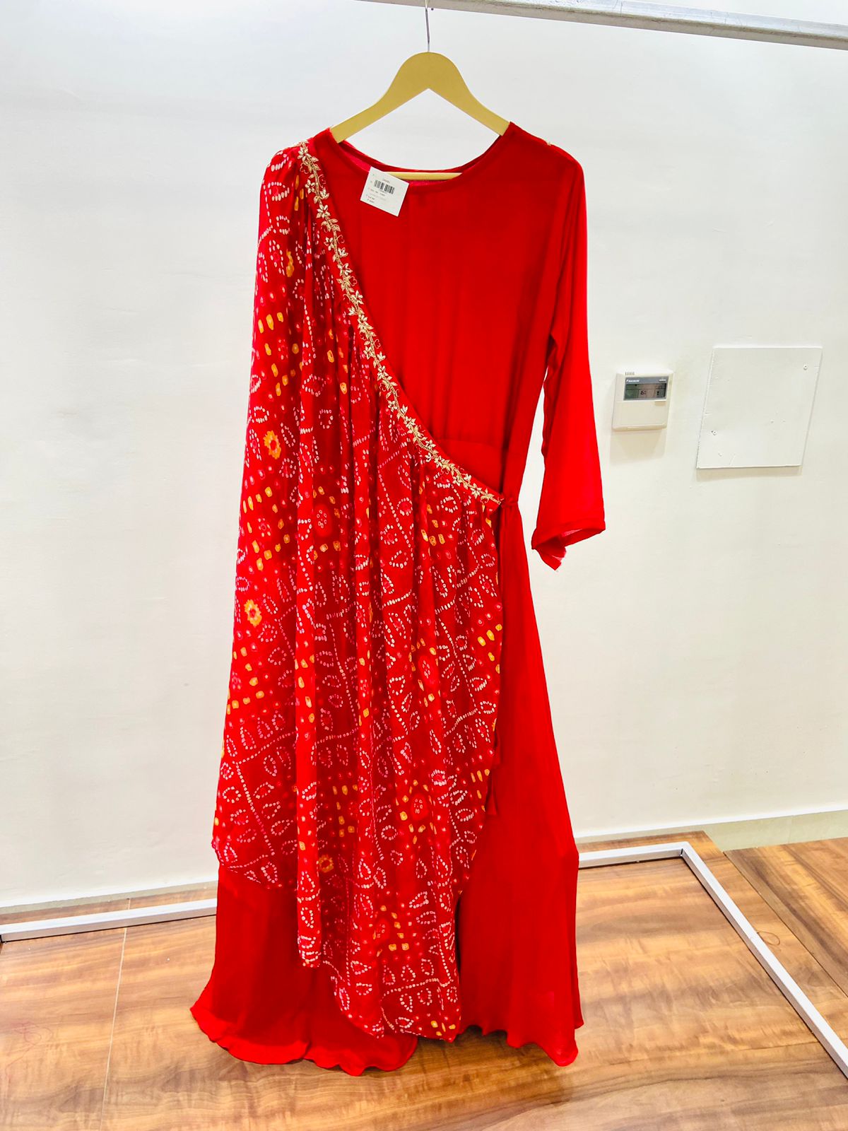 Red Silk Bandhej Drape Pattern Gown