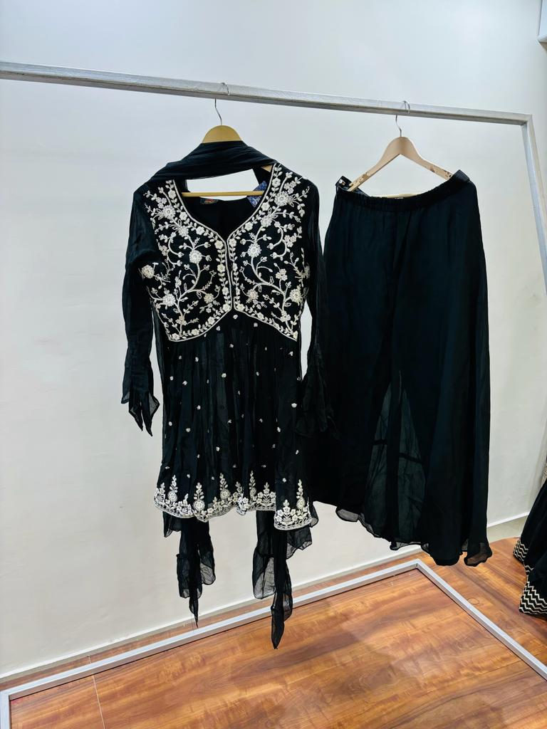 Black Embroidered Chiffon Silk Sharara Set